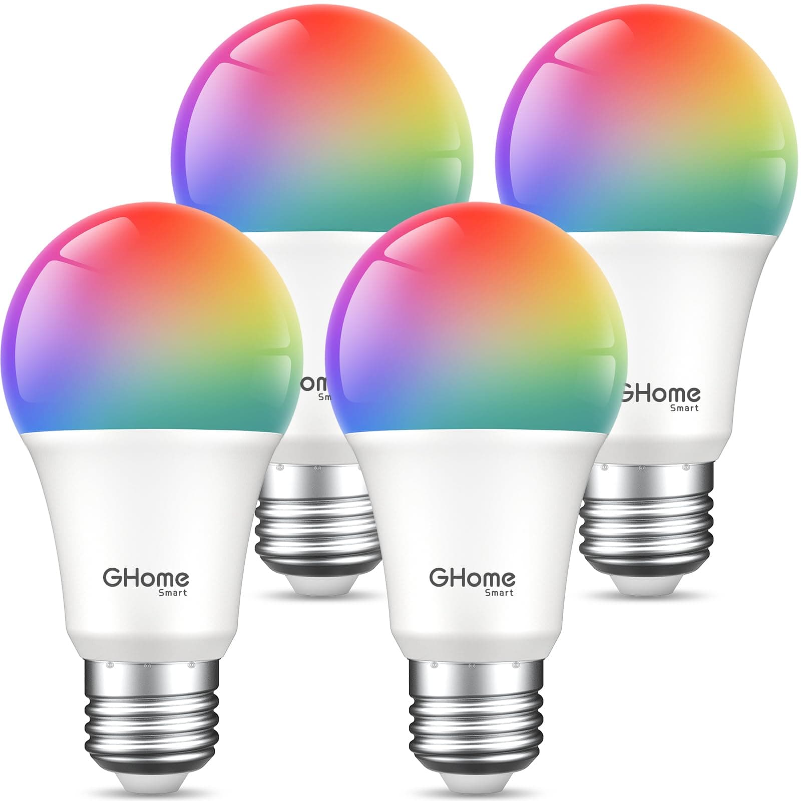 GHome Smart Light Bulbs, A19 E26 Color Changing Led Bulb Works with Alexa, Google Home, App & Voice Control, 2.4Ghz WiFi Only, 800 Lumens, Dimmable RGB Warm White 2700K Smart Home Lighting, 4 Pack