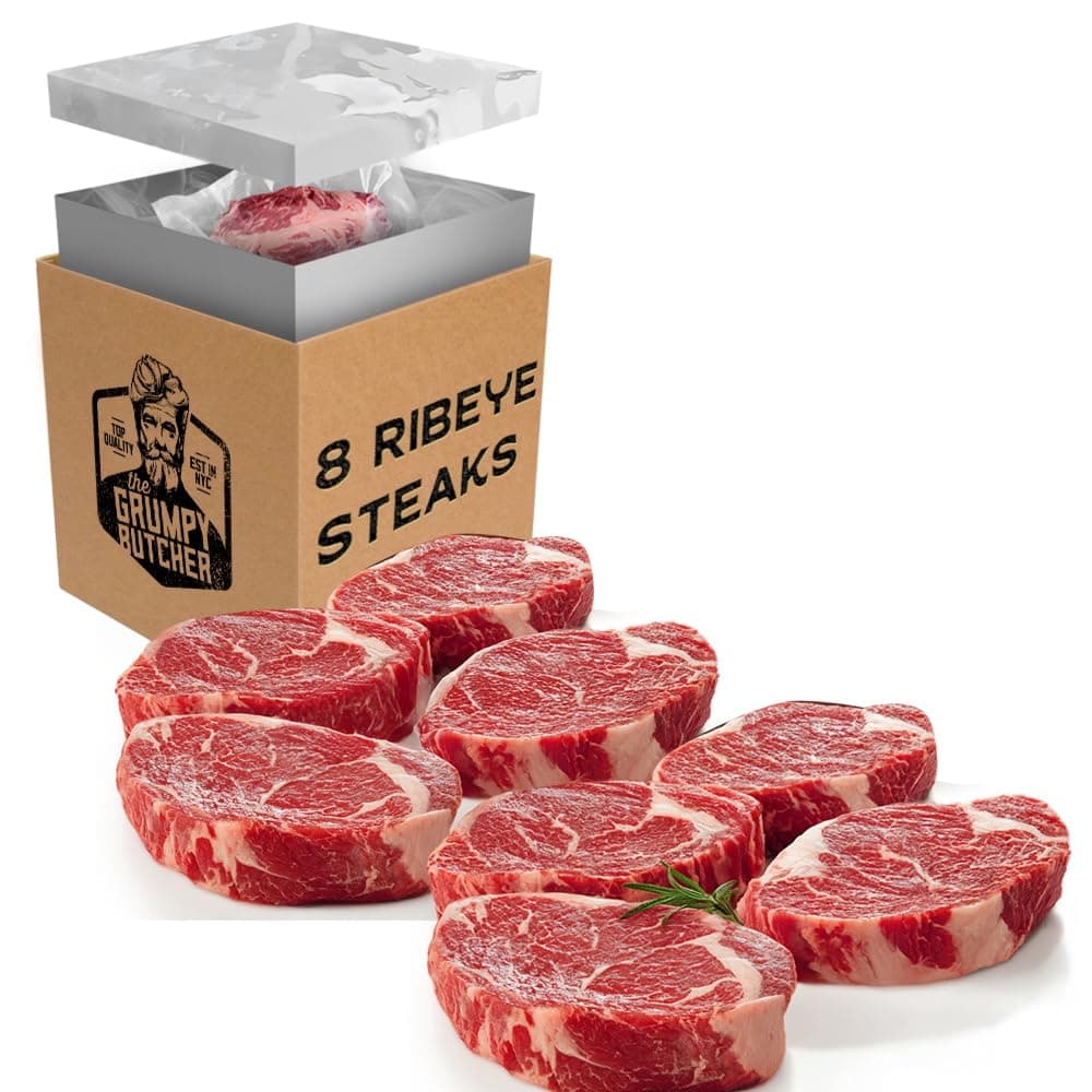 Grumpy Butcher Prime Beef Ribeye Steaks (14 oz each, 8 Pack) | Prime Steak House Quality Rib Eye
