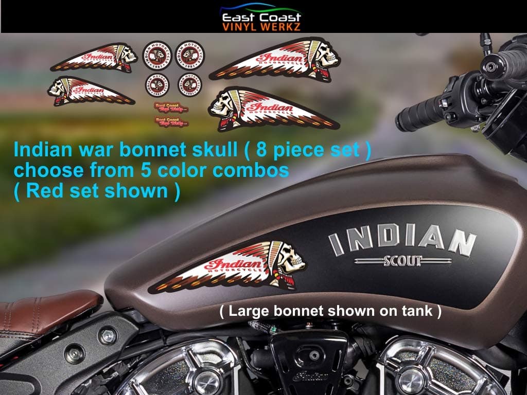 Indian Skull Headress/war Bonnet Decals (8 pc Set) - 5 Color Choices - for Indian Motorcycle (Red) UV Protected, Made in USA