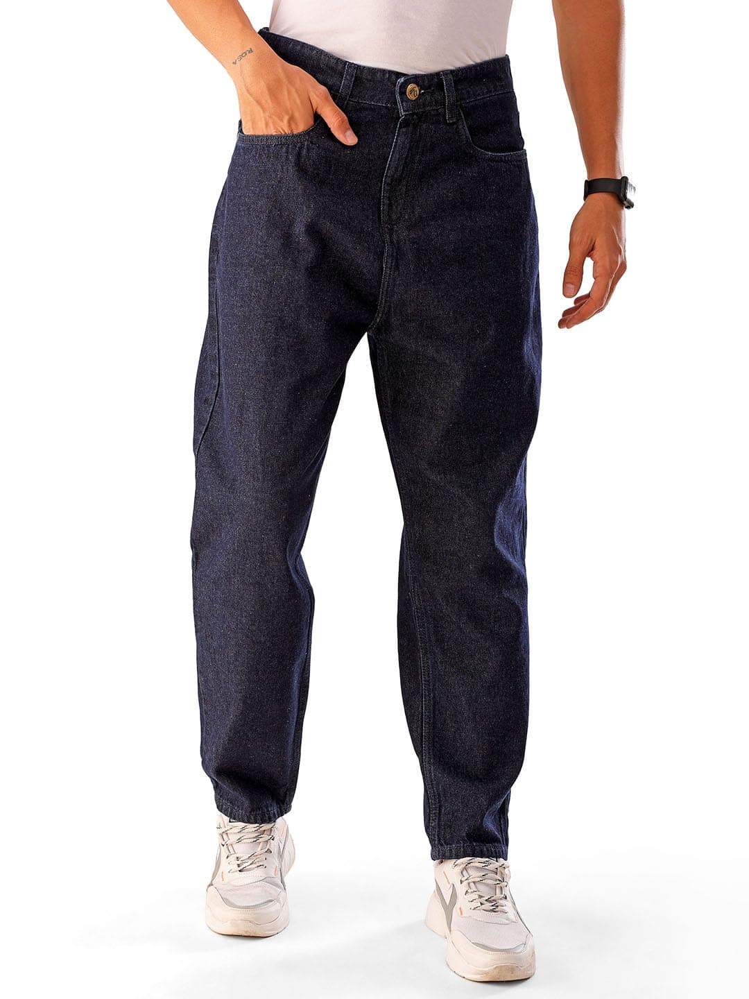 The Indian Garage CoMen's Loose Mid Rise Tapered Solid Mid-Rise Jeans