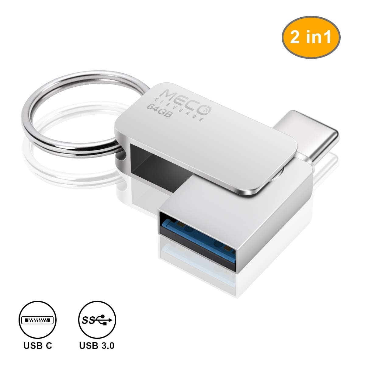 MECO 64GB Dual USB Memory Stick USB 3.0 USB Type C 2 in 1 USB Stick Waterproof Aluminum Flash Drive Thumb Drive with Keyring Compatible S9 /S9 Plus /S8 Plus, MacBook, Google's Chromebook Pixel