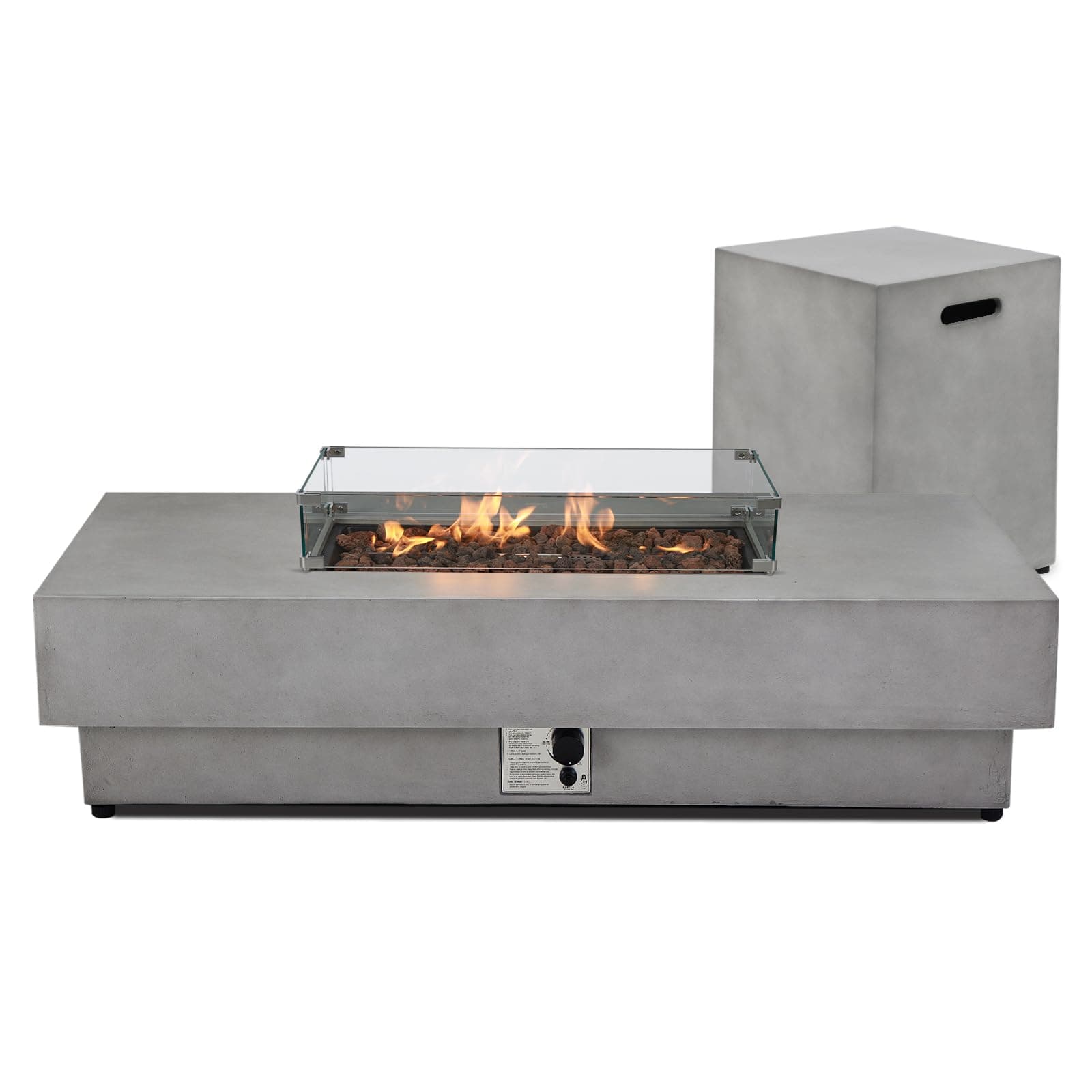 3 Pieces 60-Inch Outdoor Propane Fire Pit Table w/Tank Cover&Wind Guard - 50,000 BTU, Concrete Rectangle Firepits, Steel Lid, Lava Rocks & Rain Cover Included