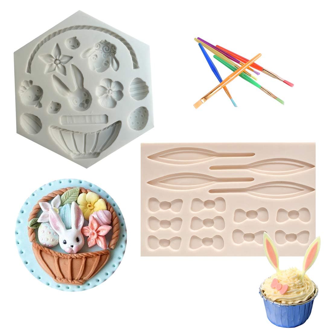 Silicone Fondant Mold Set 2Pack Chocolate Candy Baking Mold for Cake Decoration Rabbit Basket Flower Bunny Egg Bow Shaped with Brush
