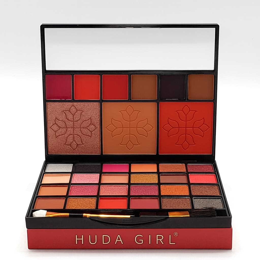 HUDA GIRL All-in-One Makeup Kit with Mirror - Includes 24 Eyeshadow Palette with Brush, 3 Eyebrow Powder, 3 Lip Gloss, 2 Applicator, Blush Contour and Highlighter Palette for Girl & Womens