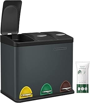 LTB24GS 3 x 8L Small Volume Kitchen Waste Bin with Lids Triple Steel Bin for Small Families Pedals and Buckets Easy to Clean, Greenish Grey and Black LTB24GS