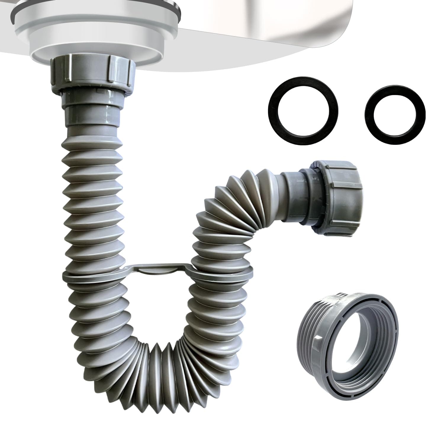 VIVIDA Sink Drain Pipe 1-1/2", Flexible Drain Pipe, 7.5"-17.7" Expandable Flexible P Trap for Bathroom and Kitchen, Under Sink Plumbing, 1-1/4" Adapter Included, Gray, 1 PACK