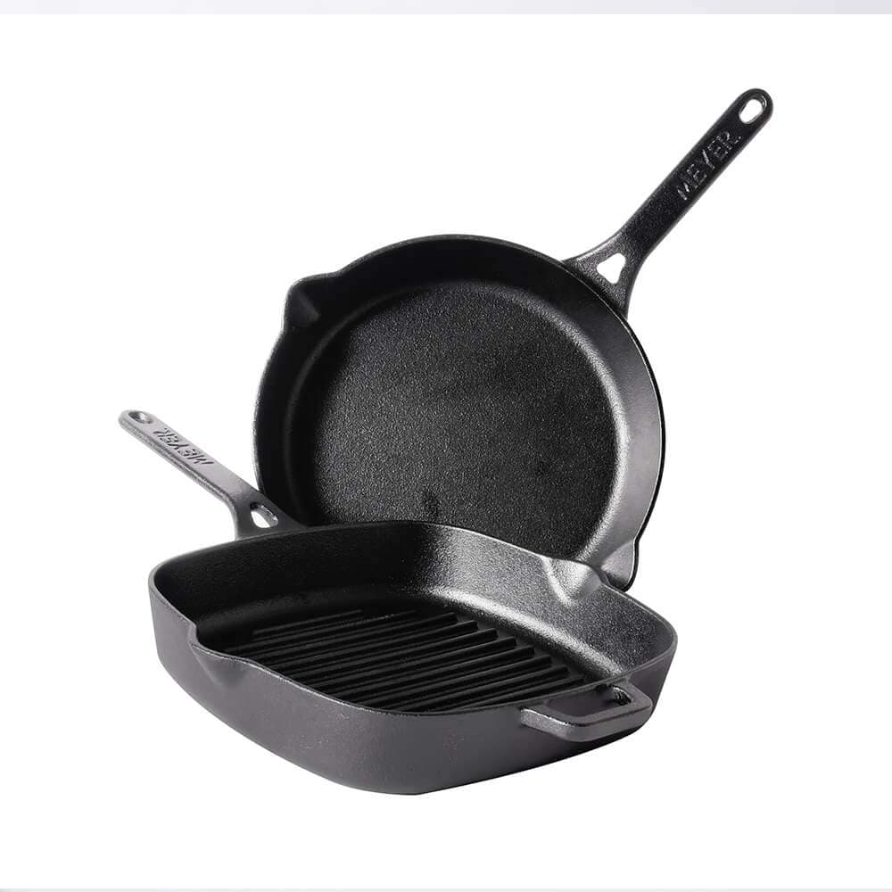 Meyer Pre-Seasoned Cast Iron 2 Piece Cookware Set,Iron Cookware for Kitchen Set Combo Offer Cast Iron Utensils for Cooking ,Black,25cm Cast Iron Grill Pan and 26cm Frying Pan, MY6322