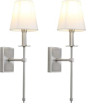 PERMO Set of 2 Classic Rustic Industrial Wall Sconce Lighting Fixture with Flared White Textile Lamp Shade and Brushed Tapered Column Stand, Hardwired, E26 Base