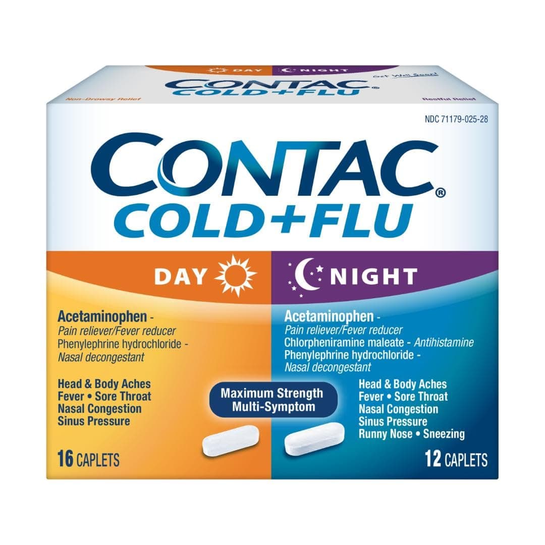 Contac Non-Drowsy Day & Multi-Symptom Night Cold & Flu Medicine, Maximum Strength Relief for Fever, Sore Throat, Nasal Congestion, Head & Body Aches, Runny Nose, 28 Count, 16 Day, 12 Night Caplets
