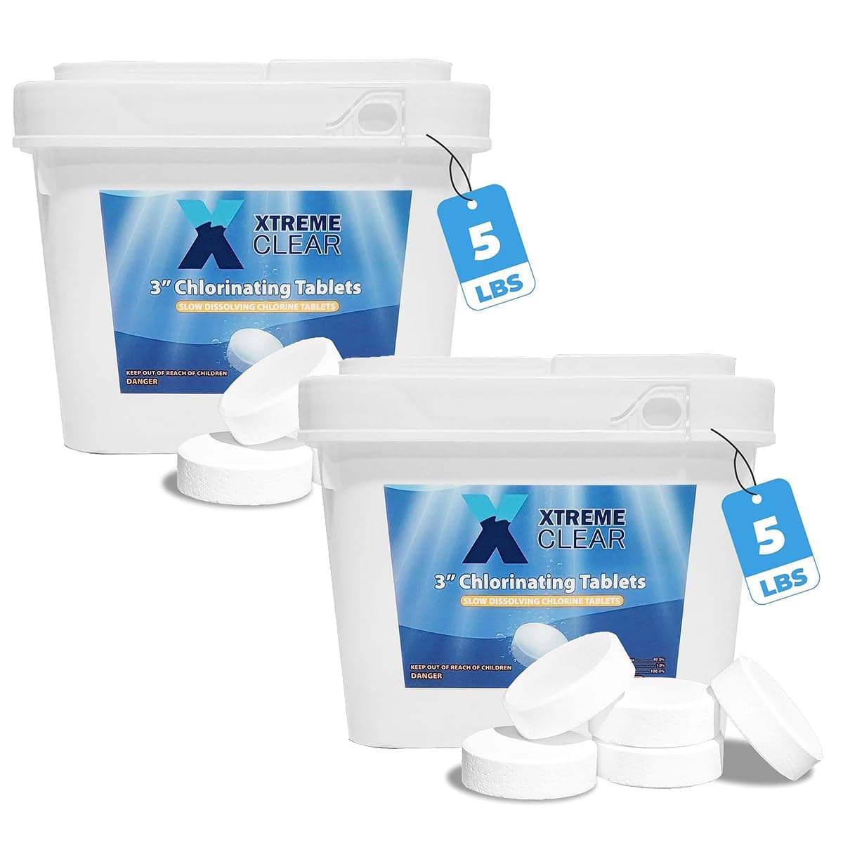Xtremeclear 2-Pack 3" Swimming Pool Chlorine Tablets | Pro-Grade Pool Sanitizer Long Lasting & Slow Dissolving | 99% Pure Tri-Chlor|, 5 Pounds Bucket