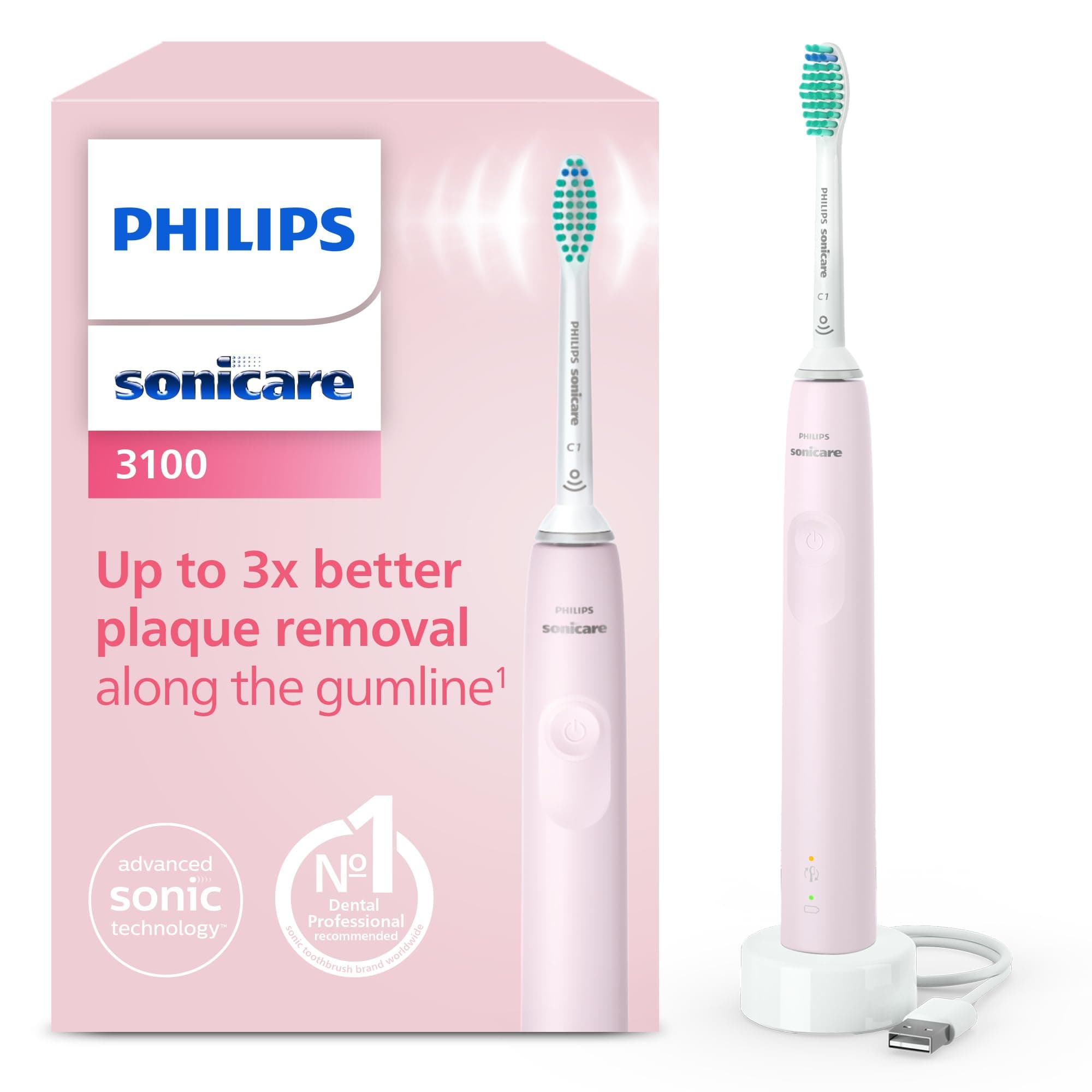 Sonicare 3100 Electric Toothbrush, Sonic Toothbrush, Pressure Sensor and Timer, Sugar Rose, Model HX3671/11