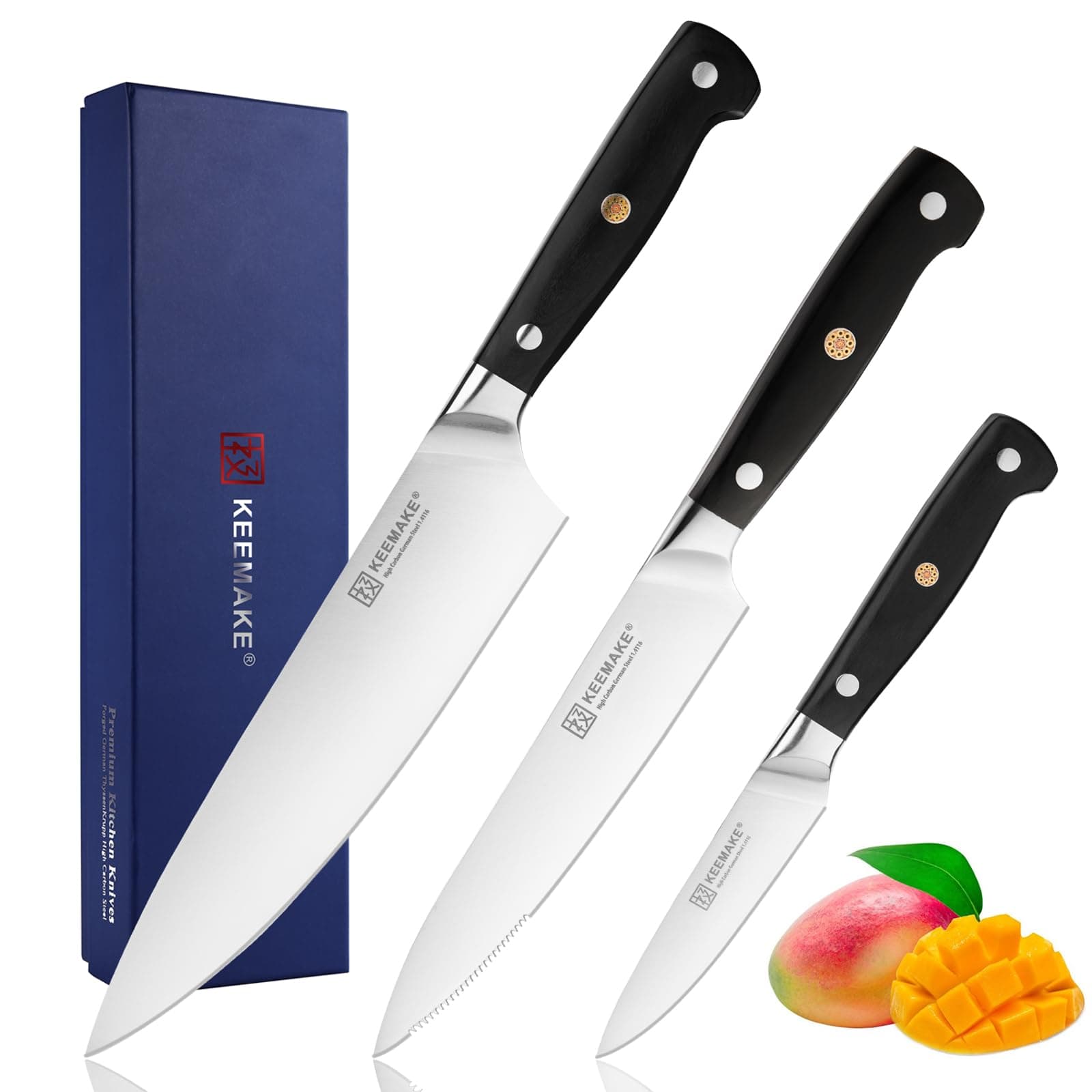 KEEMAKE Kitchen Knife Set, 3PCS Sharp High Carbon Stainless Steel Knives Set for Kitchen with Ergonomic Handle, Chef Knife set Professional Carving Knife Set for Meat Vegetable Fruit