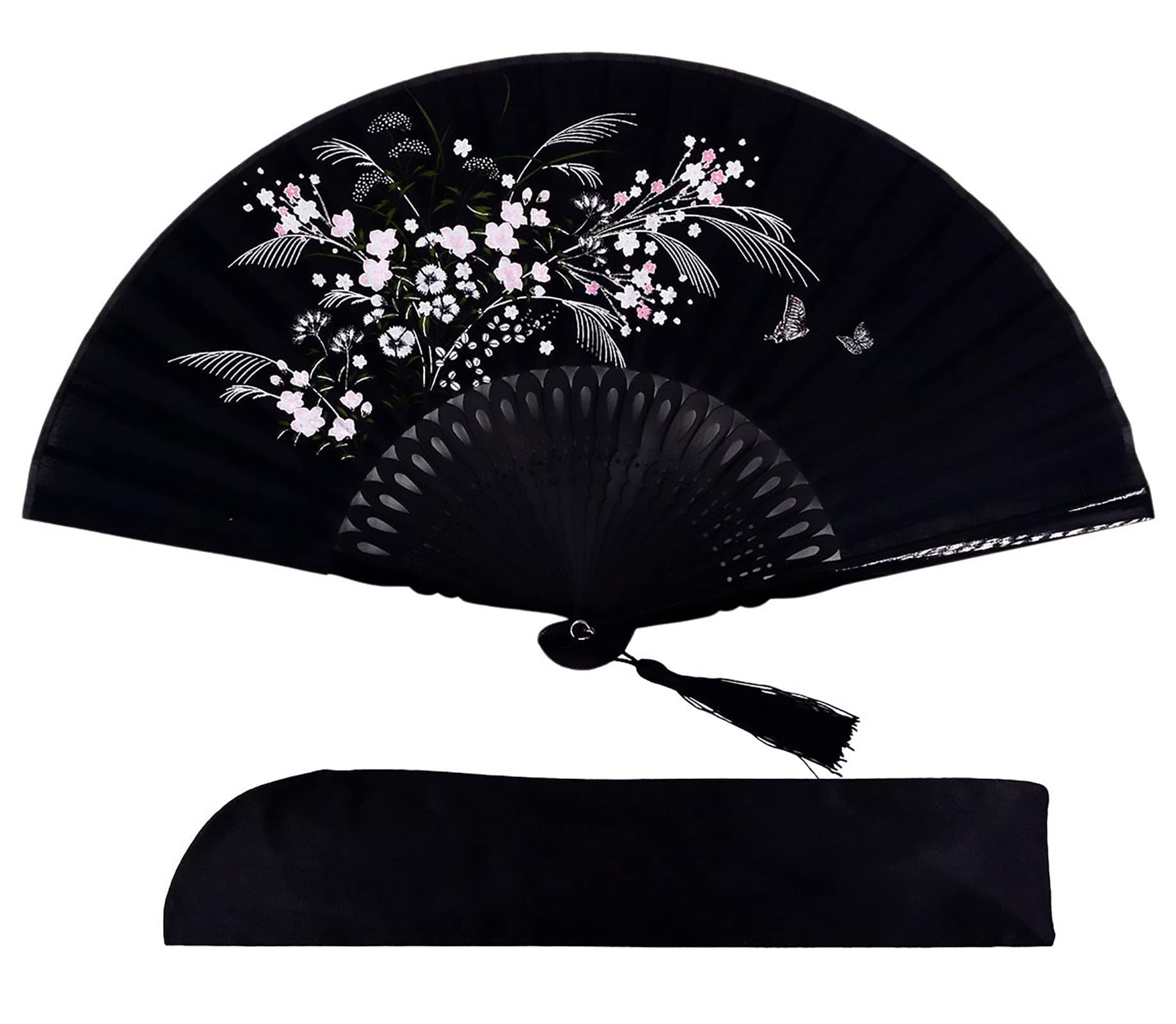 Excefore Folding Fan, 8.27"(21cm) Hand Held Bamboo Silk Folding Fan Hand Fan, Chinese/Japanese Charming Elegant Vintage Retro Style, Women Ladies Girls Best Gifts, Black