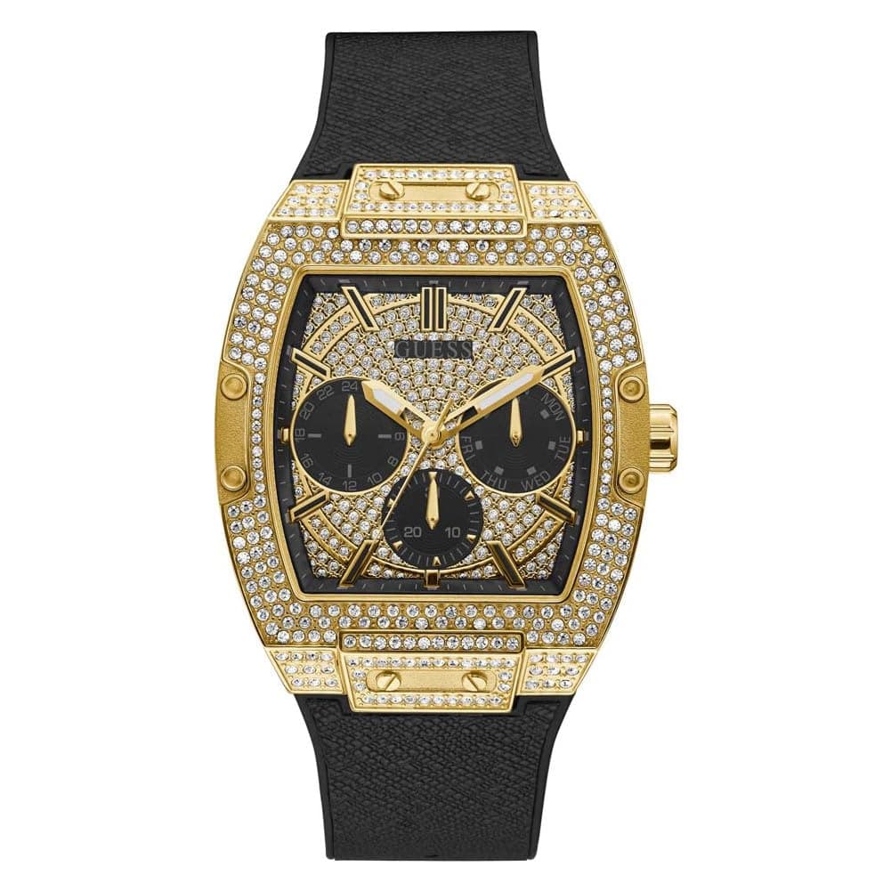 GUESS Phoenix Collection Multi-Function Mens Analog Gold Dial Coloured Quartz Watch, Tonneau Dial with 43 X 51 mm Case Width - GW0048G2