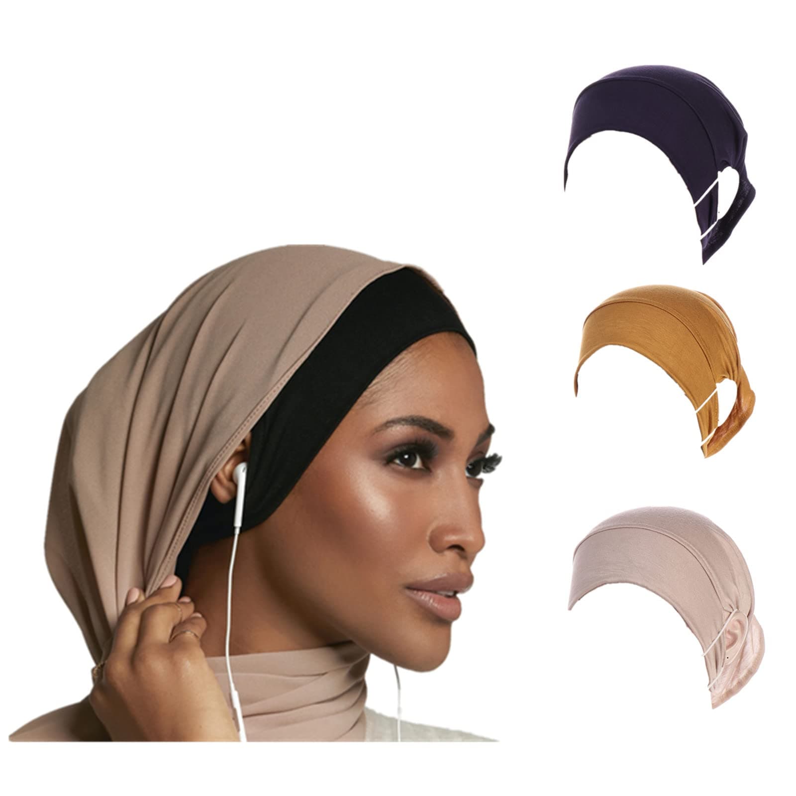 3 Pieces Stretch Soft Undercap Under Scarf with Ear Hole Muslim Jersey Inner Under Hijabs Caps Islamic Turban Bonnet