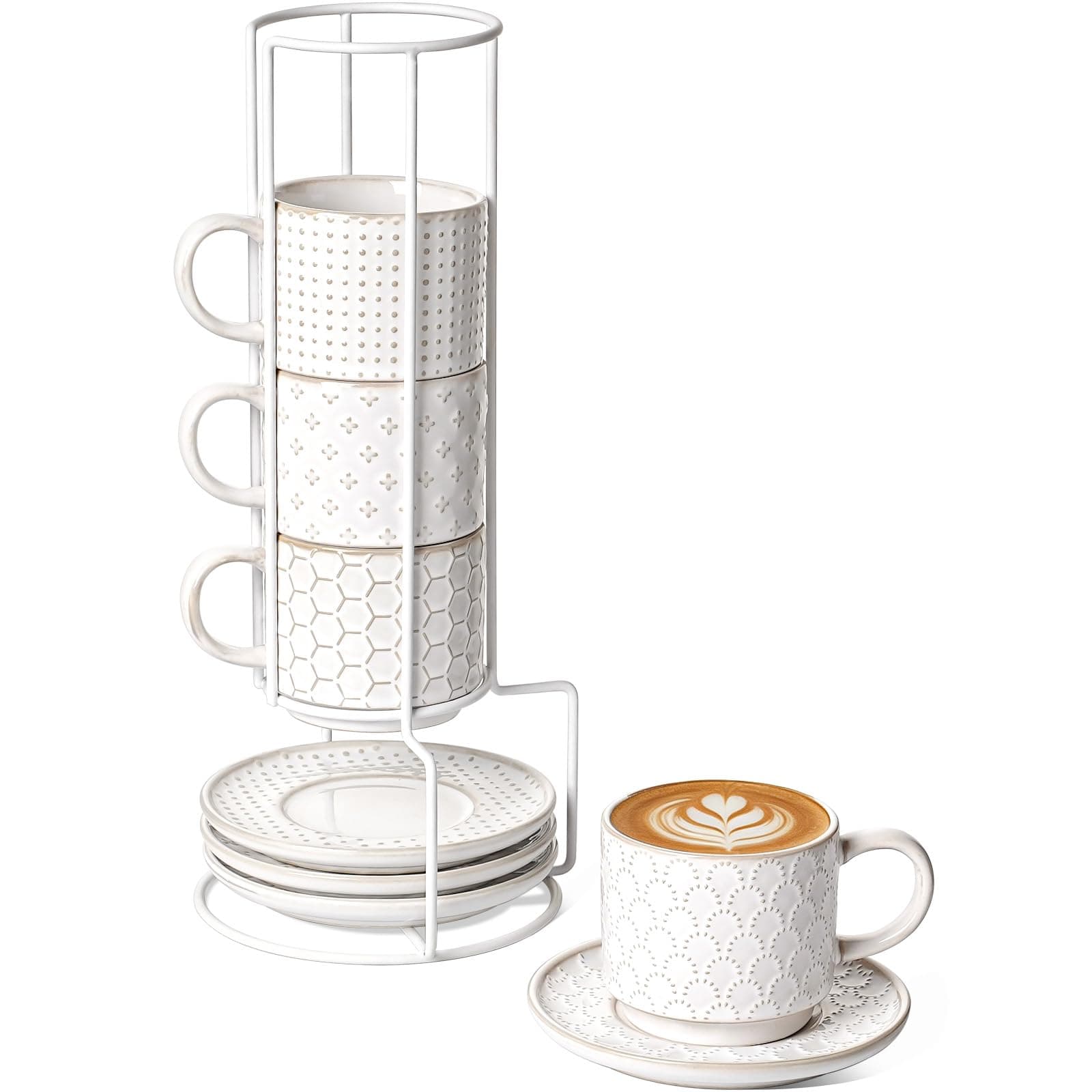 LE TAUCI 8 oz Stackable Latte Cups with Saucers and Stand, Set of 4, Large Ceramic Coffee Cup and Saucer Set for Tea, Cafe Au Lait, Microwave & Oven Safe - Embossed White