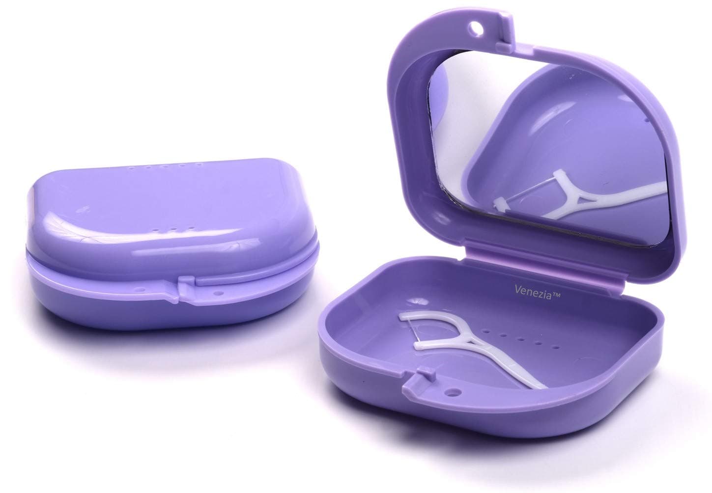 Ventilated Retainer Case with Mirror - Includes Floss Stick - Ideal for Aligners, Retainers, Braces, Dentures & Mouthguards - Slim Orthodontic Dental Case (Lilac Mirror)
