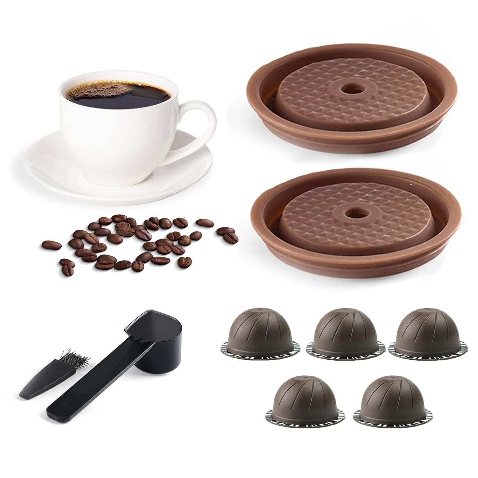 Reusable Vertuo Pods, Refillable Coffee Capsule for Vertuoline & Vertuo Pod, 230ml Coffee Pods Compatible with Nespresso Vertuo Coffee Machine, With 2Pcs Reusable Silicone Lids, Scoop, Brush (5PCS)