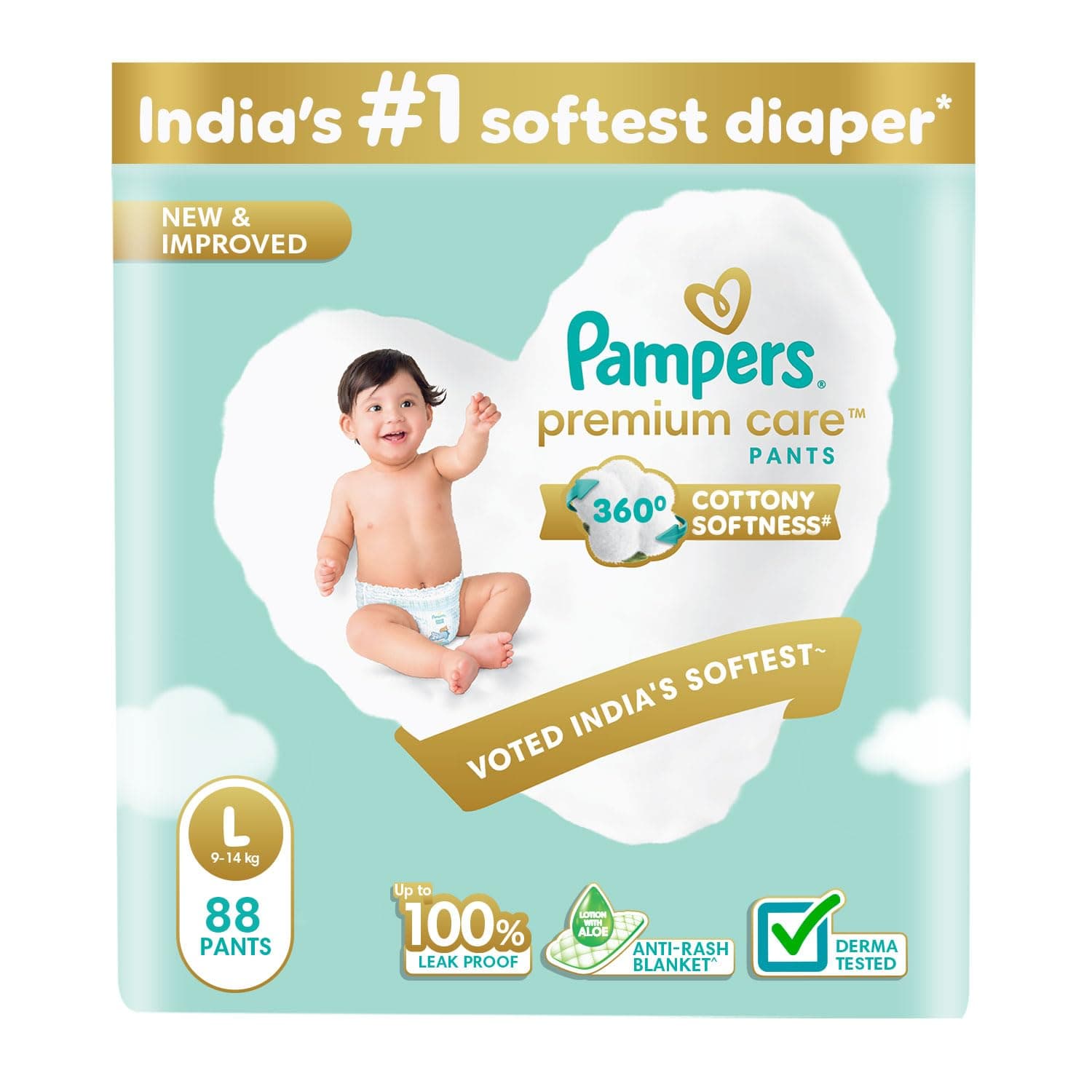 Pampers Premium Care Pant Style Baby Diapers | Large (L size) | 88 Count | Voted India's Softest | All-in-1 with 360 Cottony Softness Diapers| 9-14kg