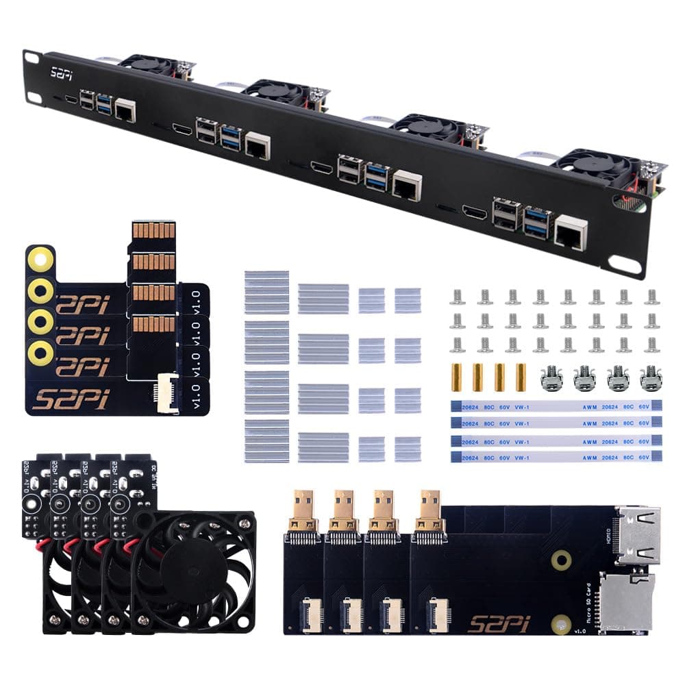 GeeekPi 1U Rack Kit for Raspberry Pi 4B, 19" 1U Rackmount Supports 1-4 Units with 4pcs Raspberry Pi Fans, Aluminum Heatsinks, Micro HDMI to HDMI Boards, TF Card to FPC Boards for Raspberry Pi 4B