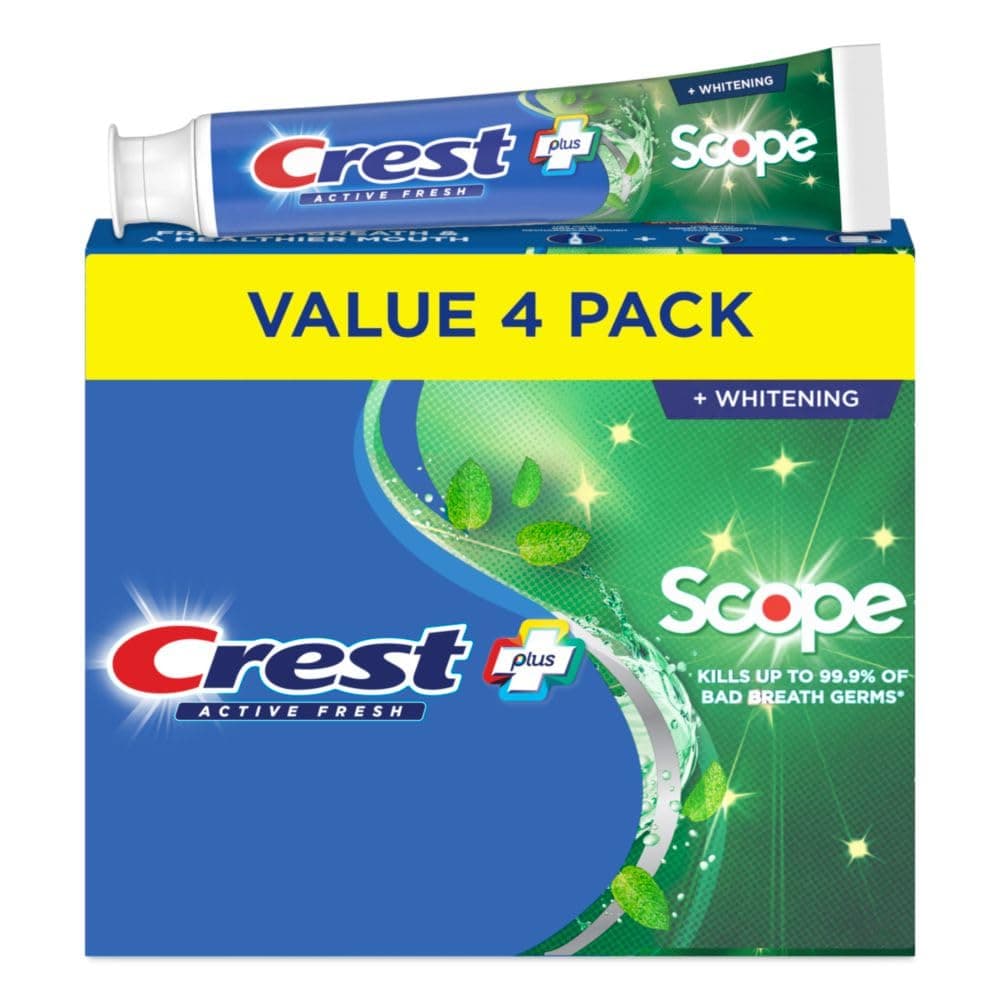 Crest Whitening Plus Scope, Complete Active Fresh + Whitening Toothpaste, 5.5oz, Toothpaste Sensitive Teeth, Pack of 4