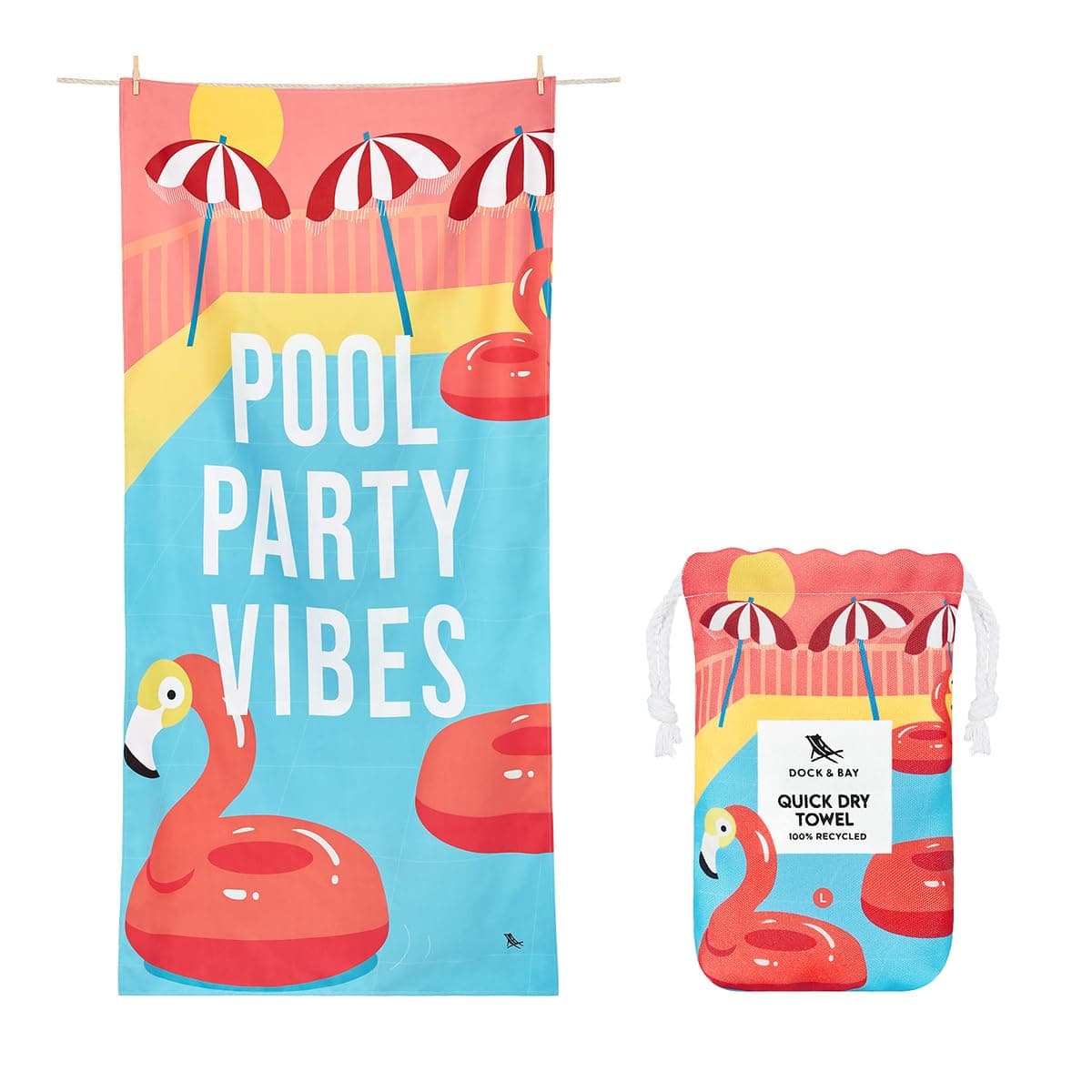 Dock & Bay Beach Towel - Quick Dry, Sand Free - Compact, Lightweight - 100% Recycled - Includes Bag - Pool Party Vibes - Extra Large (200x90cm, 78x35)