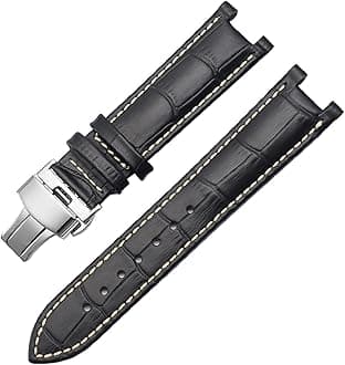 Genuine Leather Watchband for GC 22 * 13mm 20 * 11mm Notched Strap Withstainless Steel Butterfly Buckle Men and Women Watch Belt (Color : Black White silv, Size : 22-13mm)