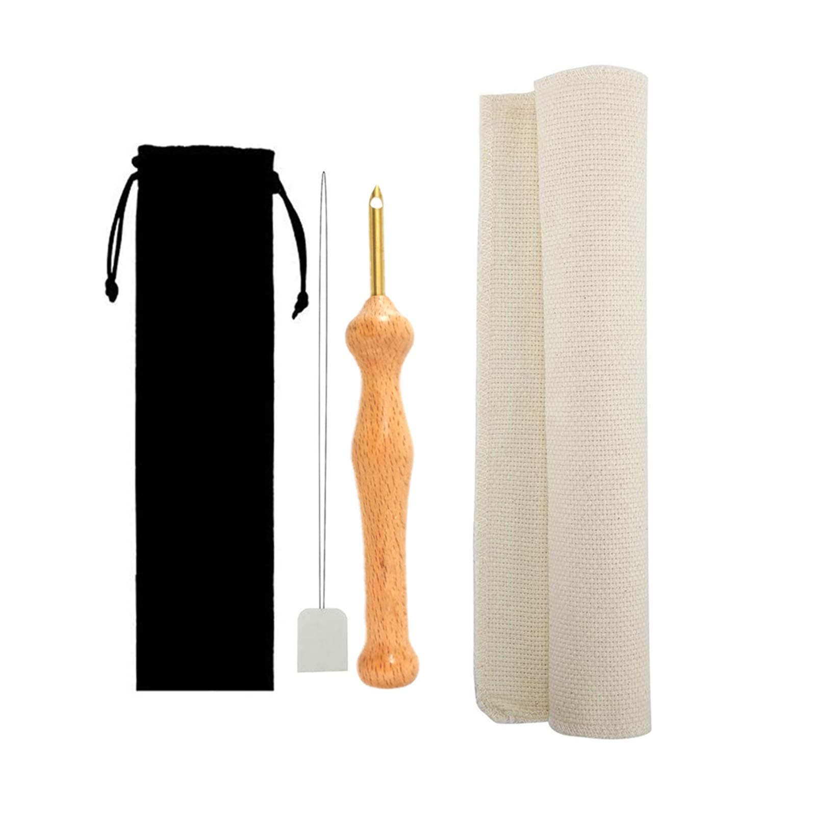 Wooden Handle Embroidery Pen Punch Needle Set, Needlework Stitching Kit Include Fabric Threader and Drawstring Bag for DIY Craft Stitching Applique Embellishment