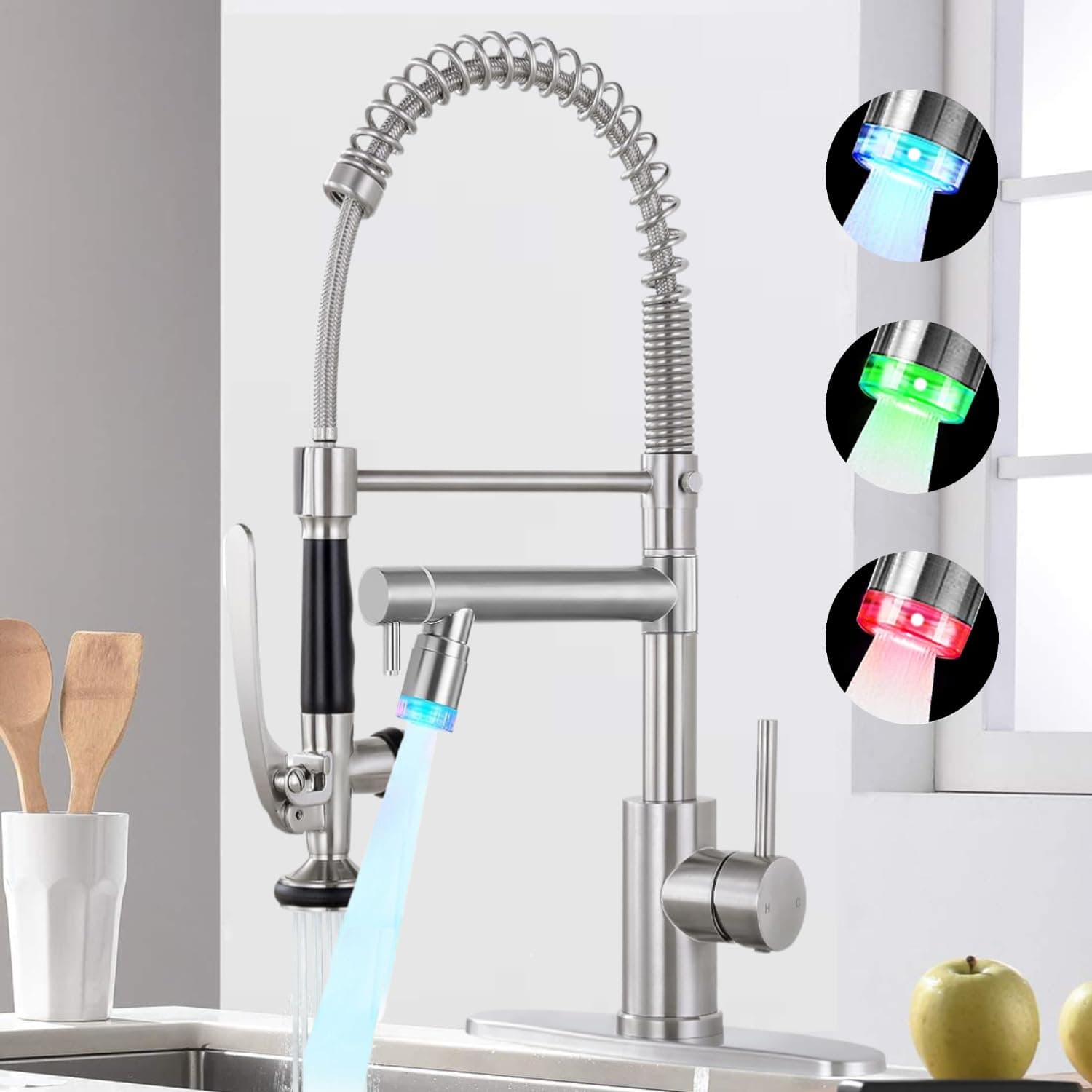 Smart Kitchen Faucet, 3 Modes Pull Down Sprayer, LED Temperature Control, Ceramic Valve,360-Degree Rotation,1 or 3 Hole Deck Plate, Double Spout. 10-Year Warranty.(Brushed Steel,KW-05SN)
