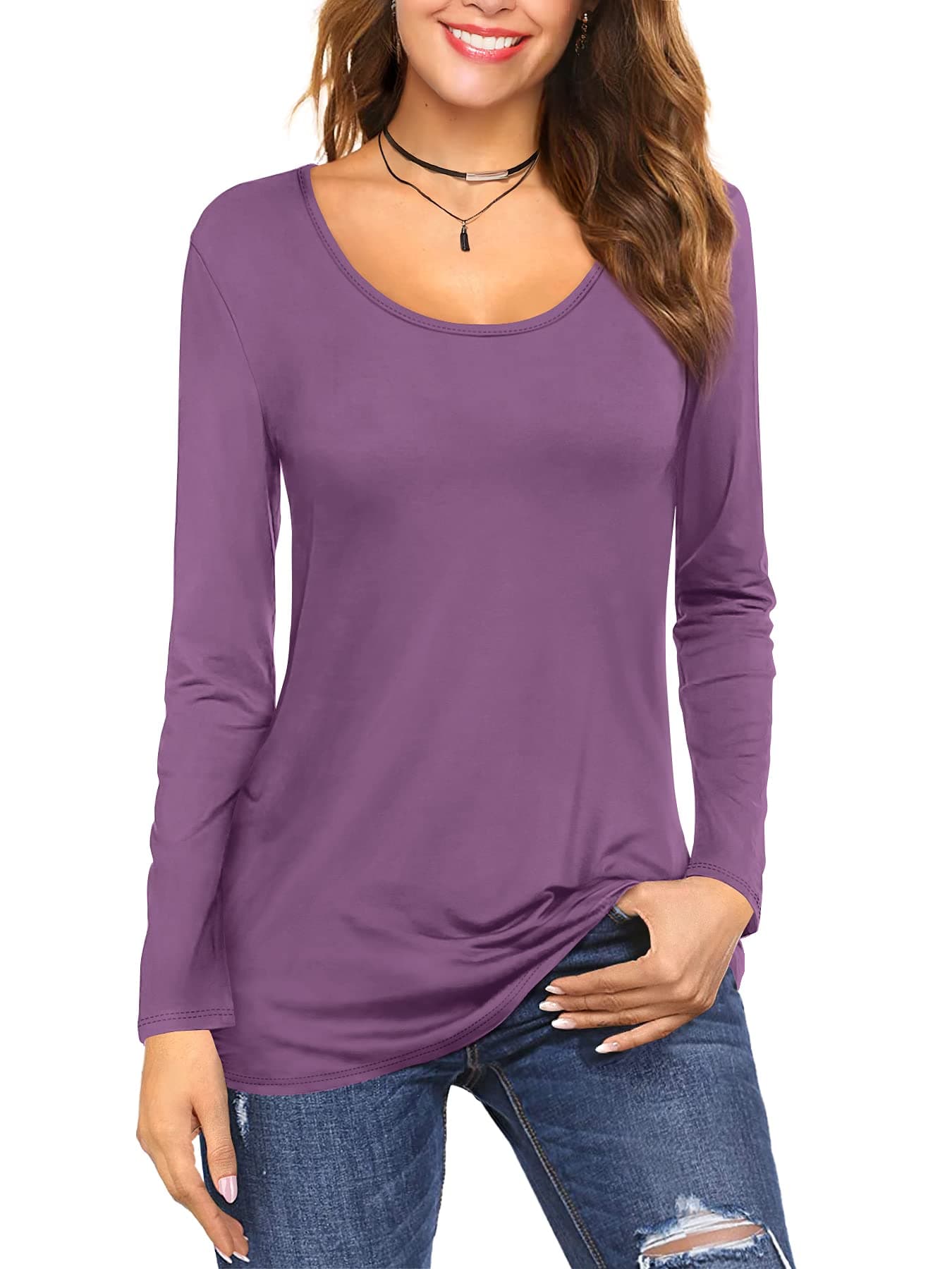 Amoretu Tops for Women Basic Long Sleeve T Shirts Plain Casual Loose Fit Round Neck Tee for Fall Clothing