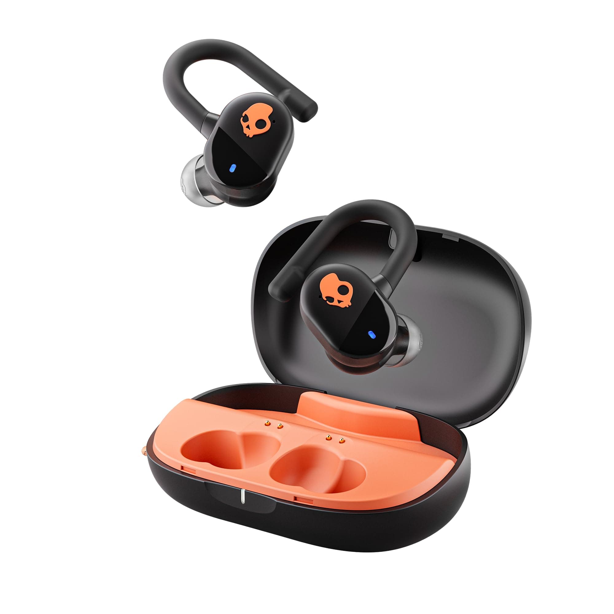 Push Play Active Wireless Earbuds, Bluetooth Headphones, Noise Isolating Fit, 34 Hrs Battery, Secure-Fit Over-Ear Hanger, Sweat Water Resistant, Microphone for iPhone Android - Black/Orange