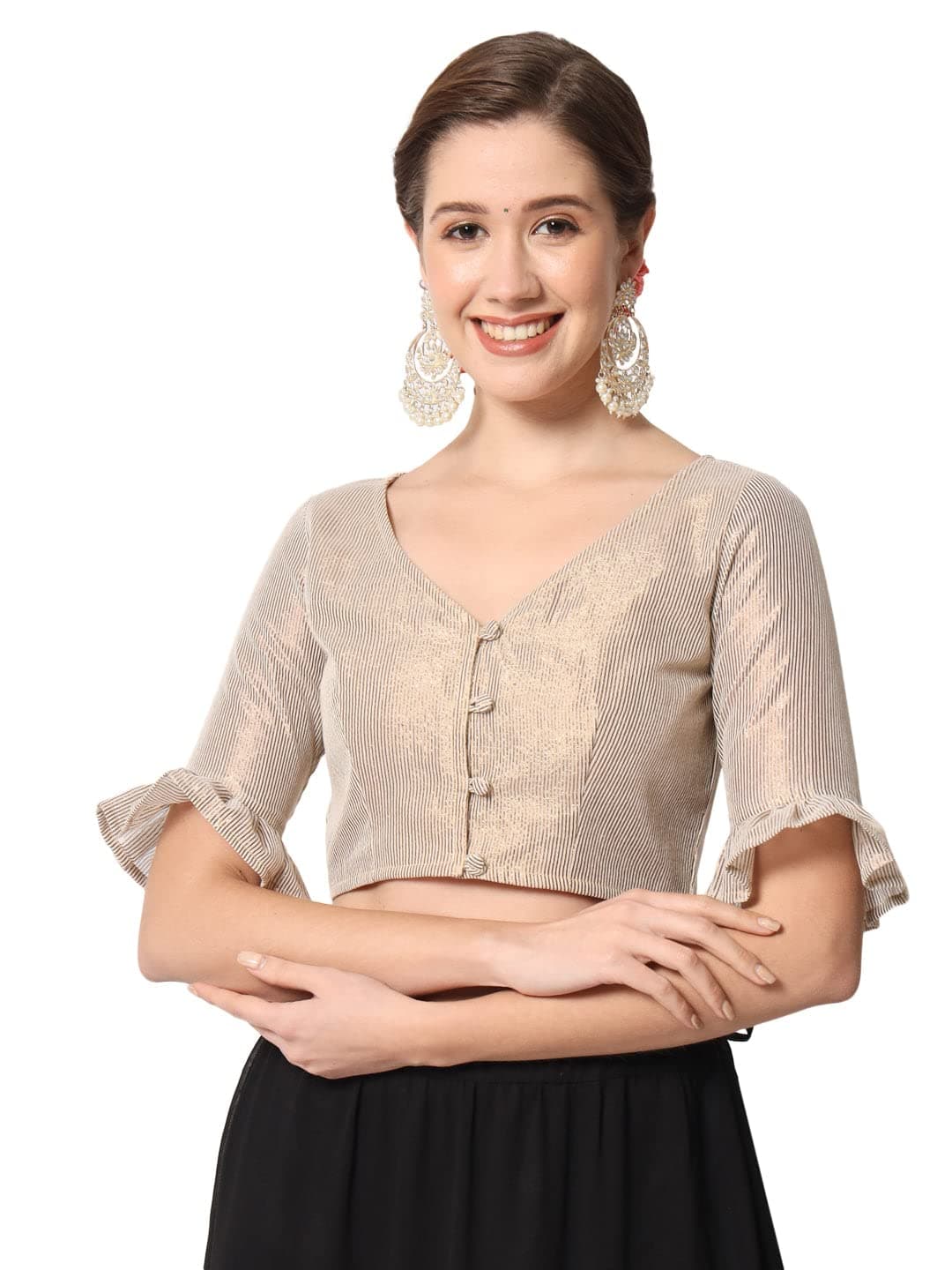 studio rasaWomen's Shimmer Stripe Button Down Crop Top for Festive Wedding Party