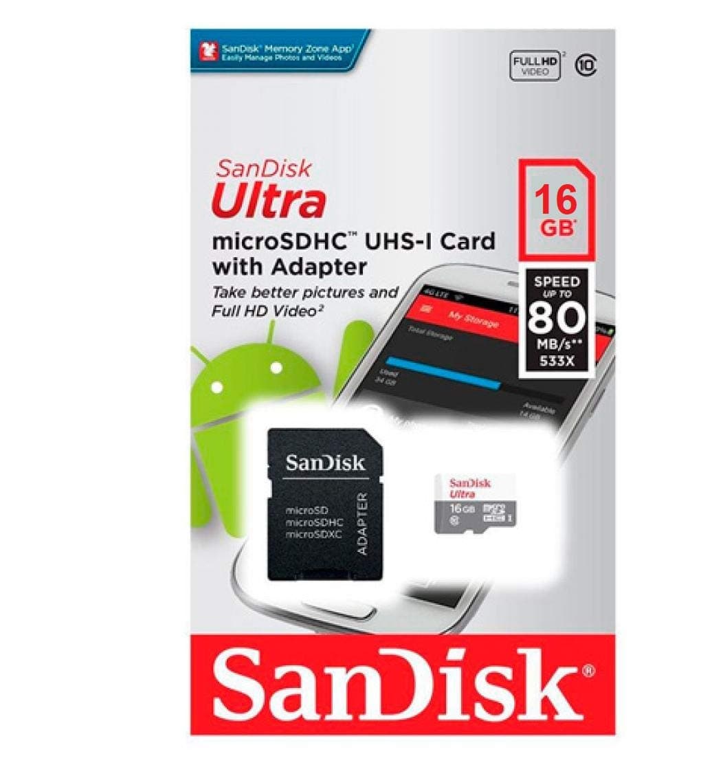 SanDisk Ultra Micro SD Card Android - Class 10-16GB with Adaptor - SDSQUNS-016G-GN3MA