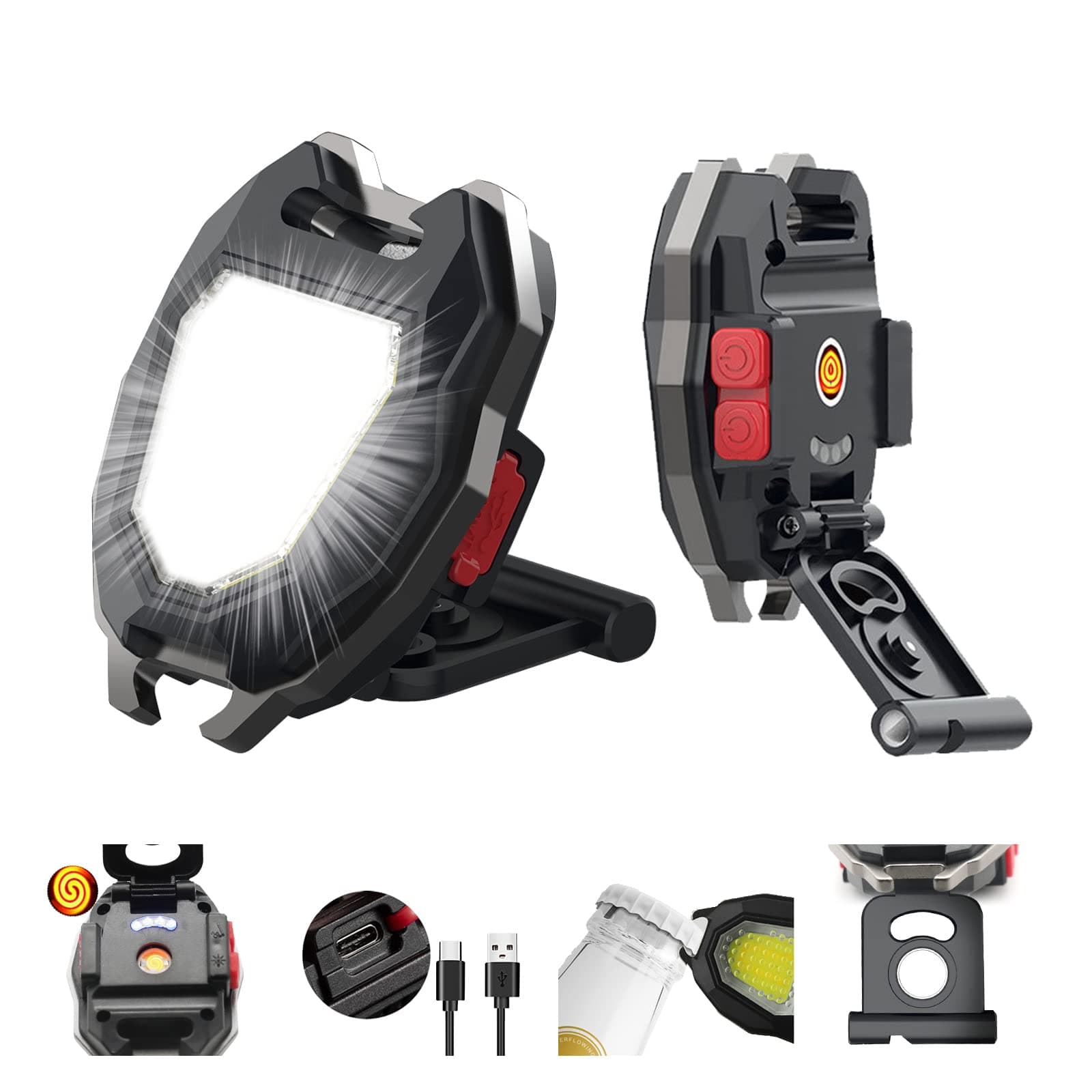 LED COB Small Flashlight with Lighter , Max 1200 Lumens Super Bright 7 Light Modes Light ,with Magnet Base and Folding Bracket Bottle Opener, for Camping Fishing Repair Walking and Emergency Lighting