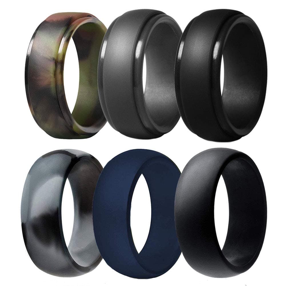 Silicone Wedding Ring for Men, 6 Pack Breathable Silicone Rubber Wedding Bands Durable Silicone Ring - 8.7 mm Wide(Camo,Navy Blue,Dark Grey,Black)
