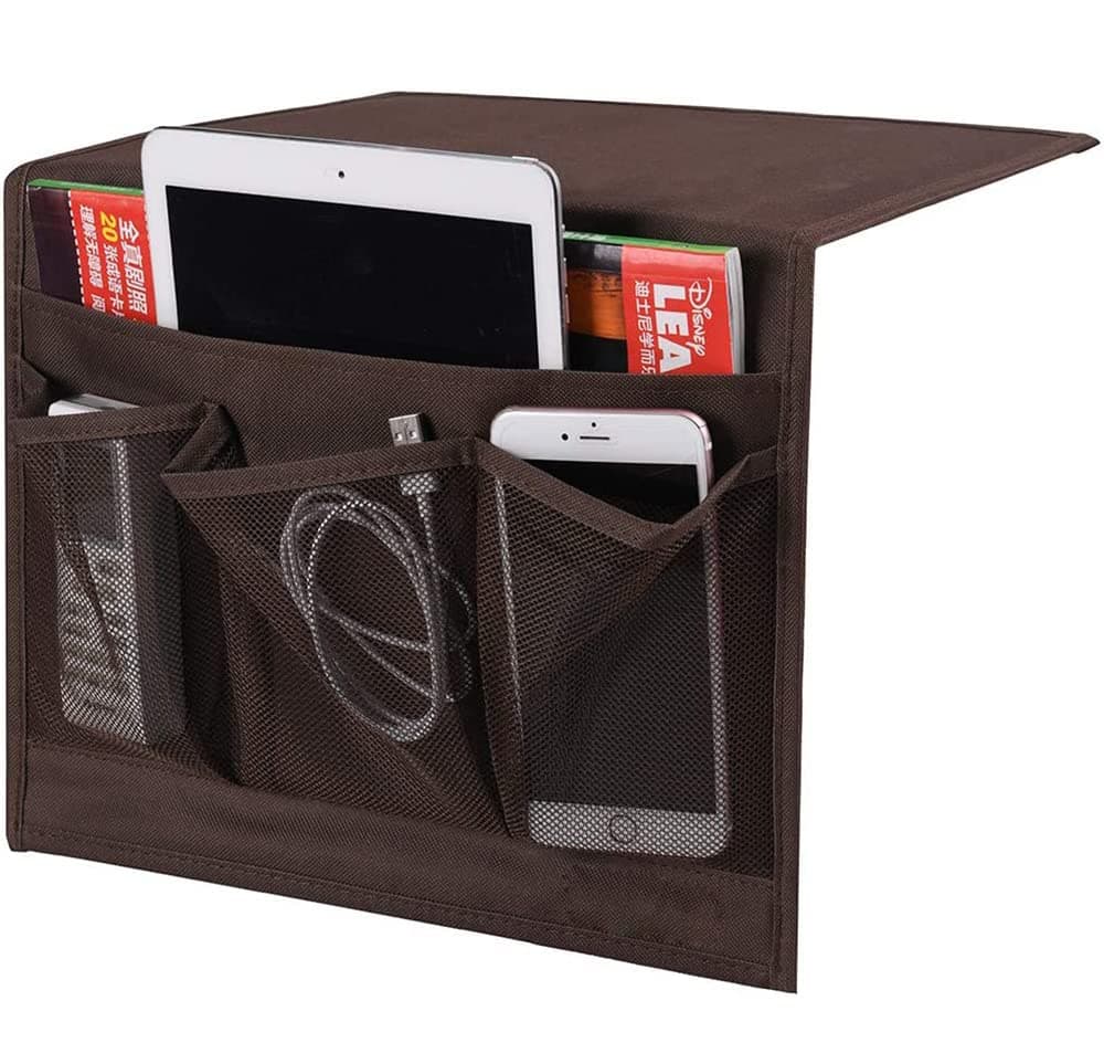 ZXTSWDTS Bedside Storage Bag Hanging Bed Caddy Table Organizer with 4 Pockets for Remote Control, Magazines, Phone (Brown)