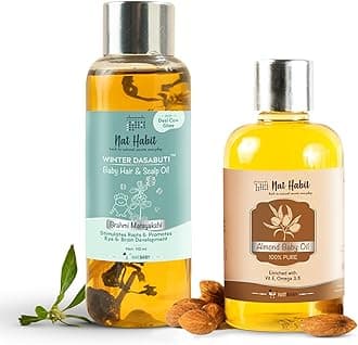 Nat Habit Baby Scalp Oil Bhrami Maytakshi (110ml)+ Almond Baby Pure Oil (100ml) - Essential Baby Care Combo For Daily Massage, Healthy Nourishment, Chemical & Preservative-Free (Combo Pack of 2)