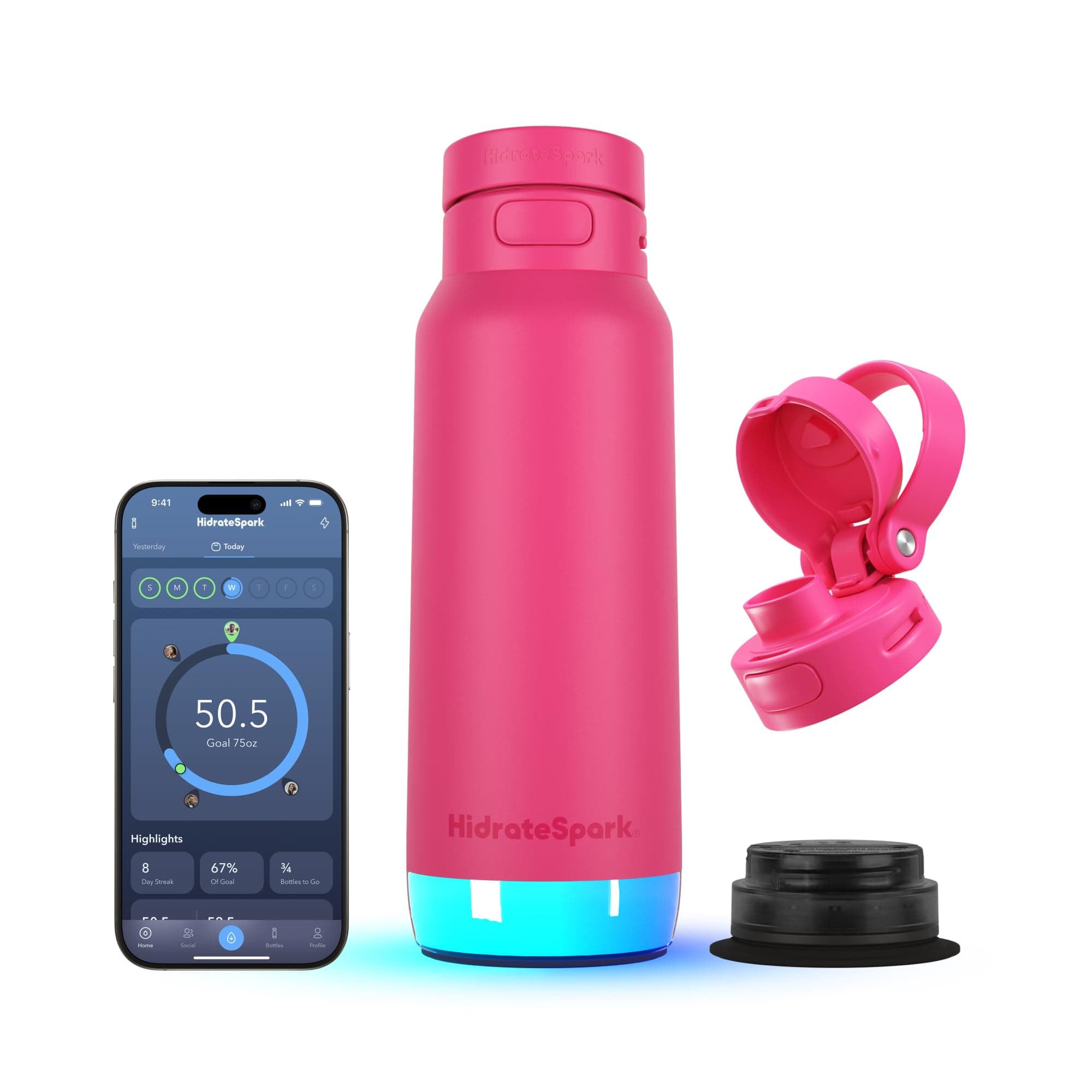 PRO 2 – Smart Hydration Bottle with Drink Reminders & Water Tracking, 946ml Stainless Steel – Syncs with Apple Health, Fitbit, Smart Rings & Smart Watches - Bundle Lid - Flamingo