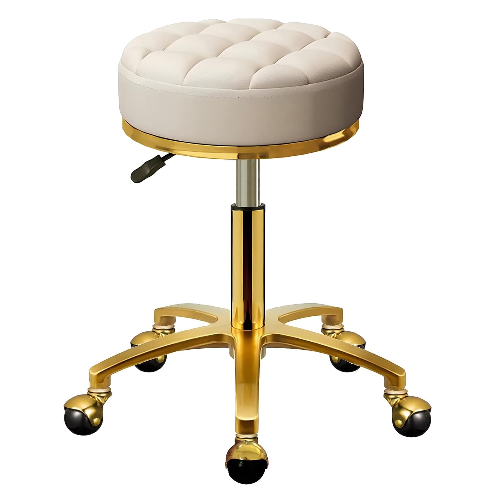Rolling Stool Gold Vanity Stool with Wheels, Pedicure Massage Roller Stools, PU Leather Round Swivel Salon Spa Chair, Titanium Gold Base, Height Adjustable 43-55 cm (Off White)