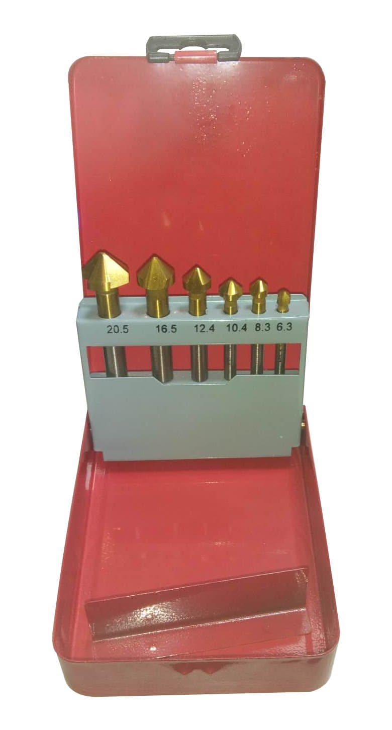 NRG CLEVER BG5325 90° HSS Countersink Drill Bits Set with 6 Pieces Titanium Chamfer Cutter, 6.3/8.3/10.4/12.4/16.5/20.5mm, for Metals Drill Milling Machine, Set of 6 Tips with Sturdy Metal case