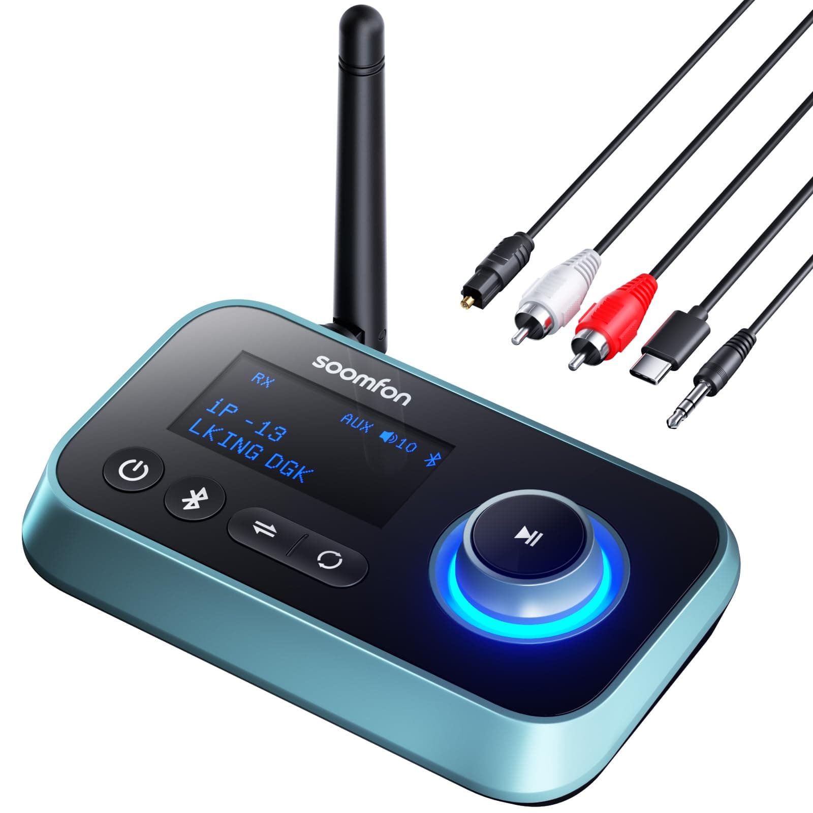 Bluetooth Transmitter Receiver SOOMFON 3-in-1 Bluetooth 5.3 Audio Adapter Aux 3.5mm RCA Optical Digital Connection Bluetooth Transmitter Receiver BYPASS 3-in-1 Function Screen Display Can Connect 2