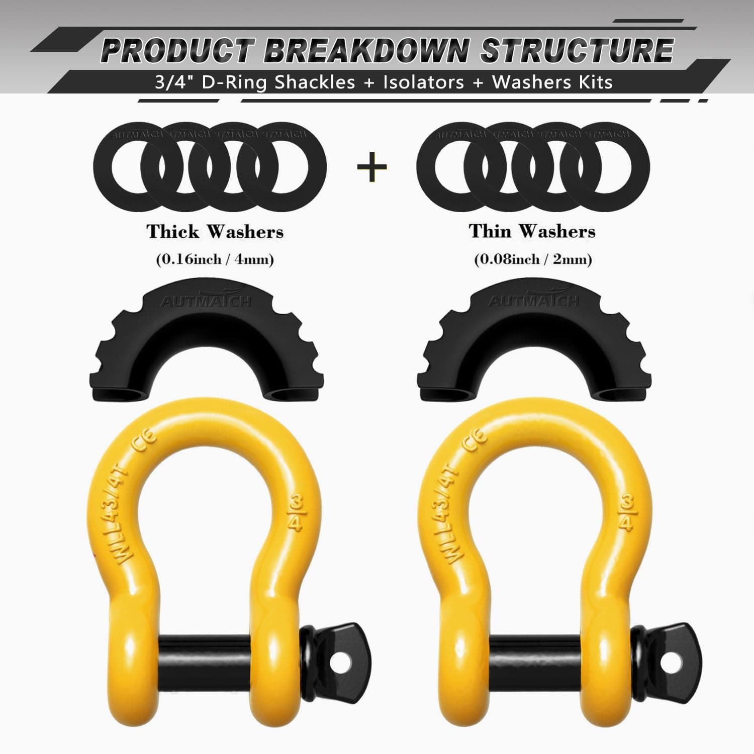 AUTMATCH D Ring Shackle 3/4" Shackles (2 Pack) 41,887Ibs Break Strength with 7/8" Screw Pin and Shackle Isolator Washers Kit for Tow Strap Winch Off Road Vehicle Recovery Yellow & Black