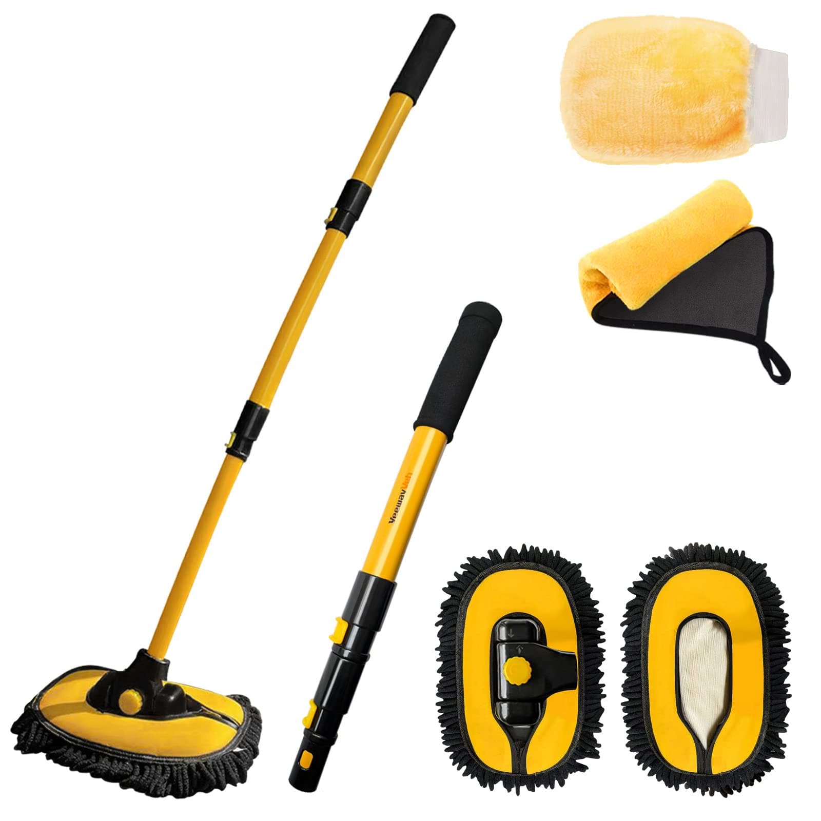 YeewayVeh Car Wash Brush Kit, 5 Pack Detachable Chenille Microfiber Car Wash Mop Head with Long Handle, 180° Rotating Brush Extension Pole with Car Wash Mitt and Towel Cleaning Kit for RV Truck Camper