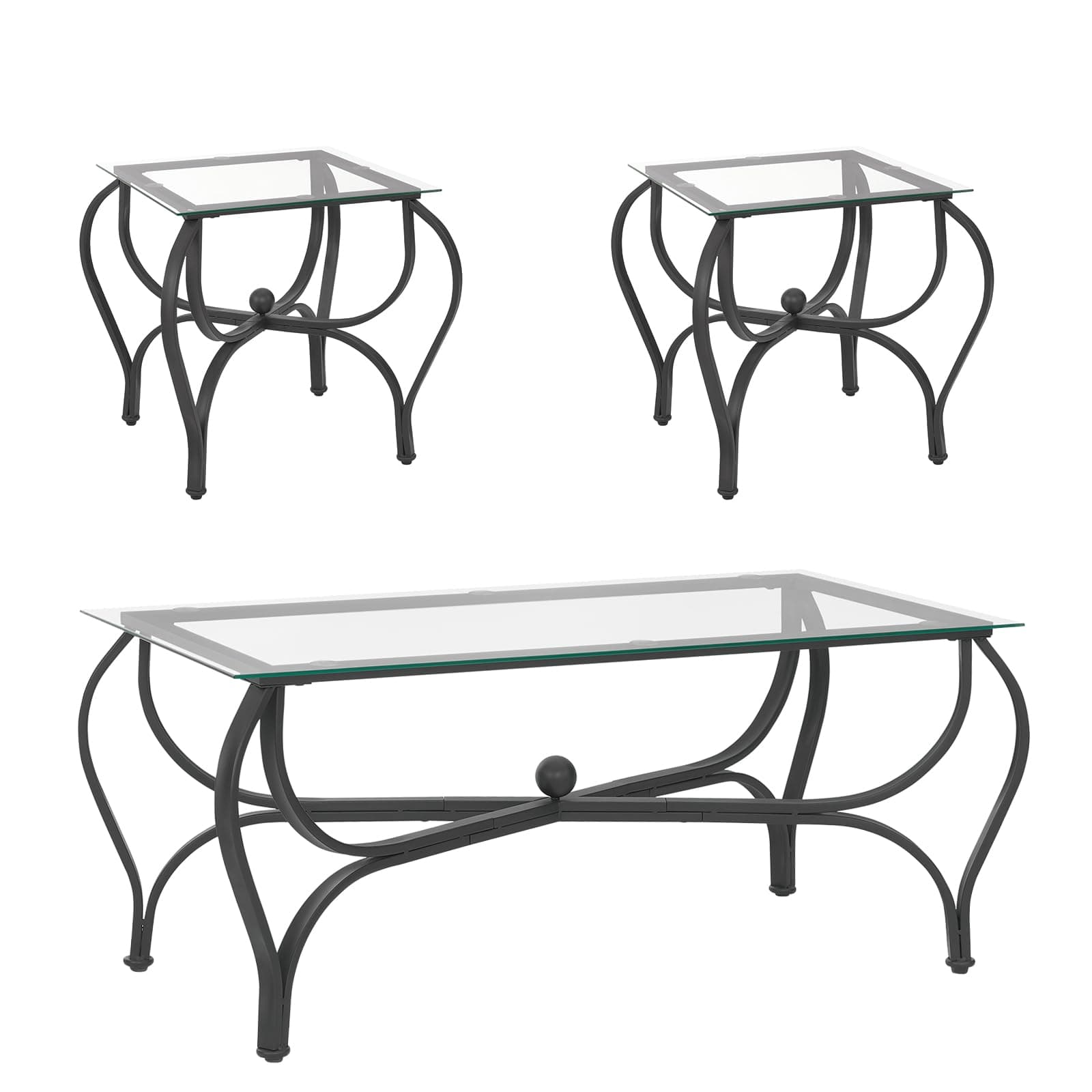 Tempered Glass Coffee Table Set of 3,Rectangle Coffee Table with 2 Square End Side Table - Modern Metal Frame Living Room Tables for Apartment Home Office(Black)