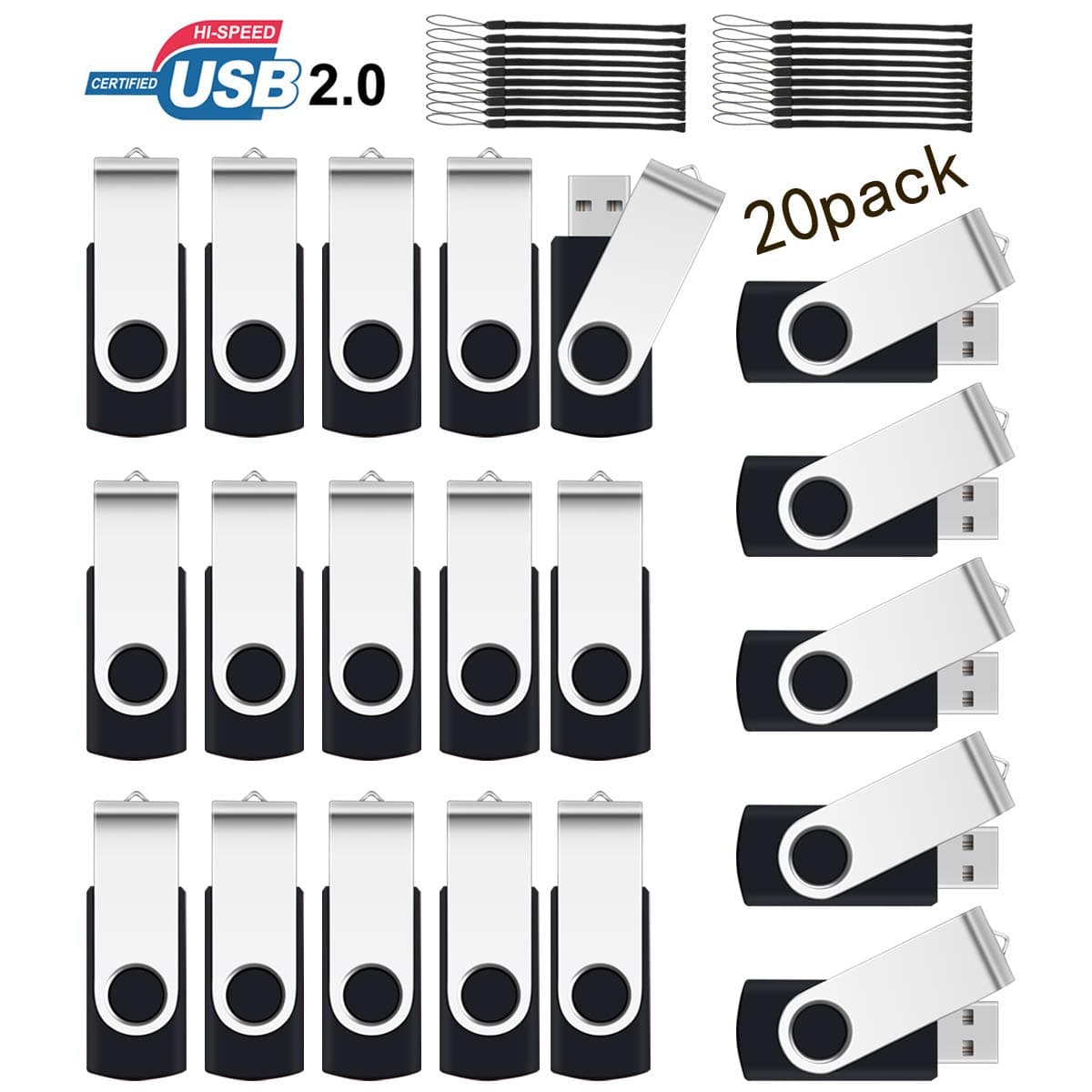 16GB USB Flash Drive,SRVR 20Pack USB2.0 Swivel Thumb Drives Data Storage Jump Drive Zip Drive Memory Sticks External Devices with Led Indicator(Black Color With Lanyard)