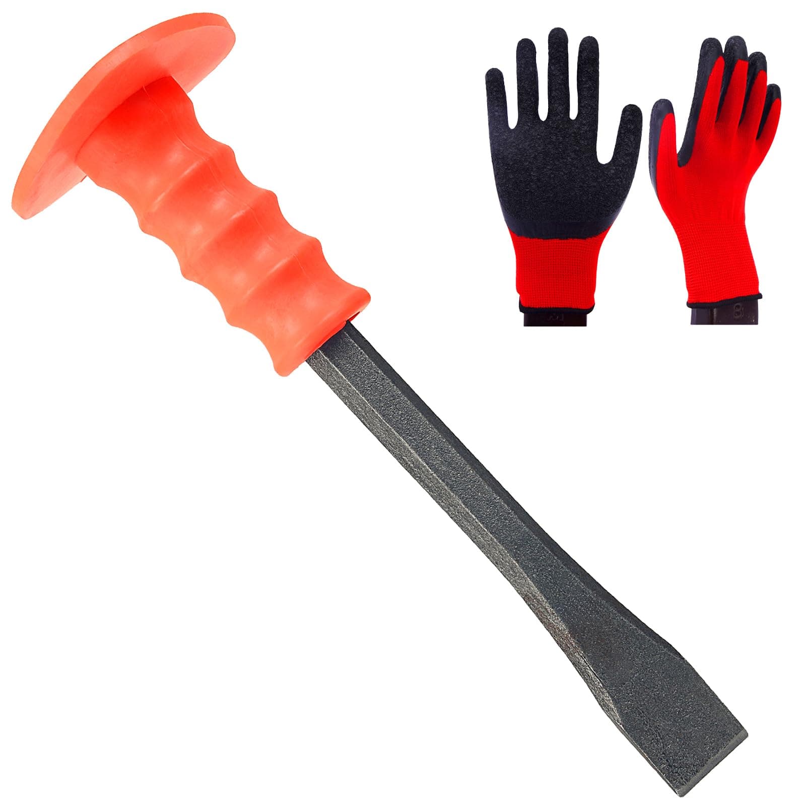 Masonry Chisel With Hand Guard and Work Gloves, 10 Inch Heavy Duty Flat End Rock Concrete Mortar Stone Chisel for Demolishing Carving Splitting Breaking Hounding