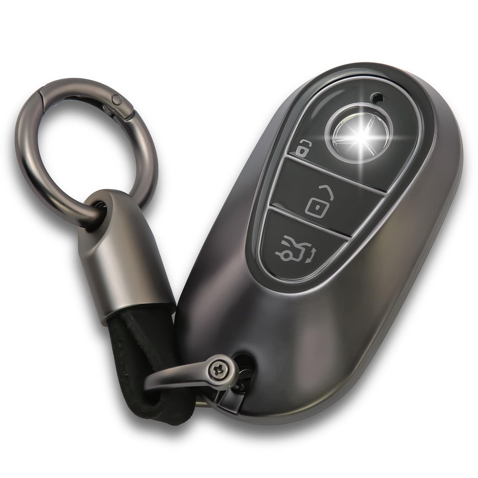 Key Fob Cover with Metal Keychain Case Key Shell Protector for 2020-2024 S Class G Class E Class EQE EQS Accessories Gray