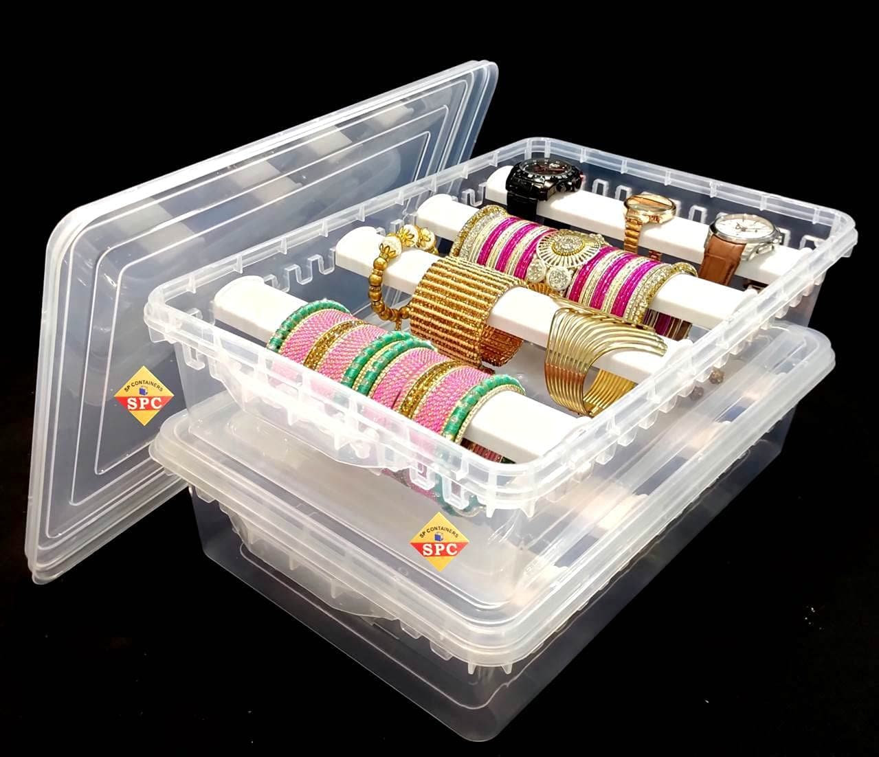 SPC Plastic adjustable 4 rod Bangle Box Chudi Set Organizer Jewellery Storage Display Box for Bangles Chudi Bracelet Wrist Watch Hair Bands Scrunchies Accessories, Transparent (2)