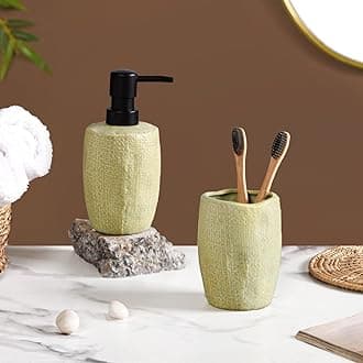 Ceramic Bathroom Accessories Set of 2 - Liquid Soap Dispenser & Toothbrush Holder for Bathroom & Wash Basin - Lime Green Bath Set - Luxury Home Gift
