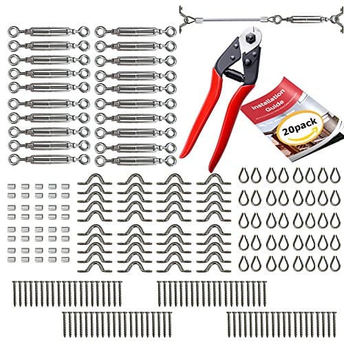 Cable Railing Kit - 20 Pack + Cable Cutter - Heavy Duty Stainless Steel 316 - Installation Guide - for 1/8" Cable, w/Eye/Eye Turnbuckles, Thimbles, Eye Straps, Swages (Ferrules) & Self-Tapping Screws